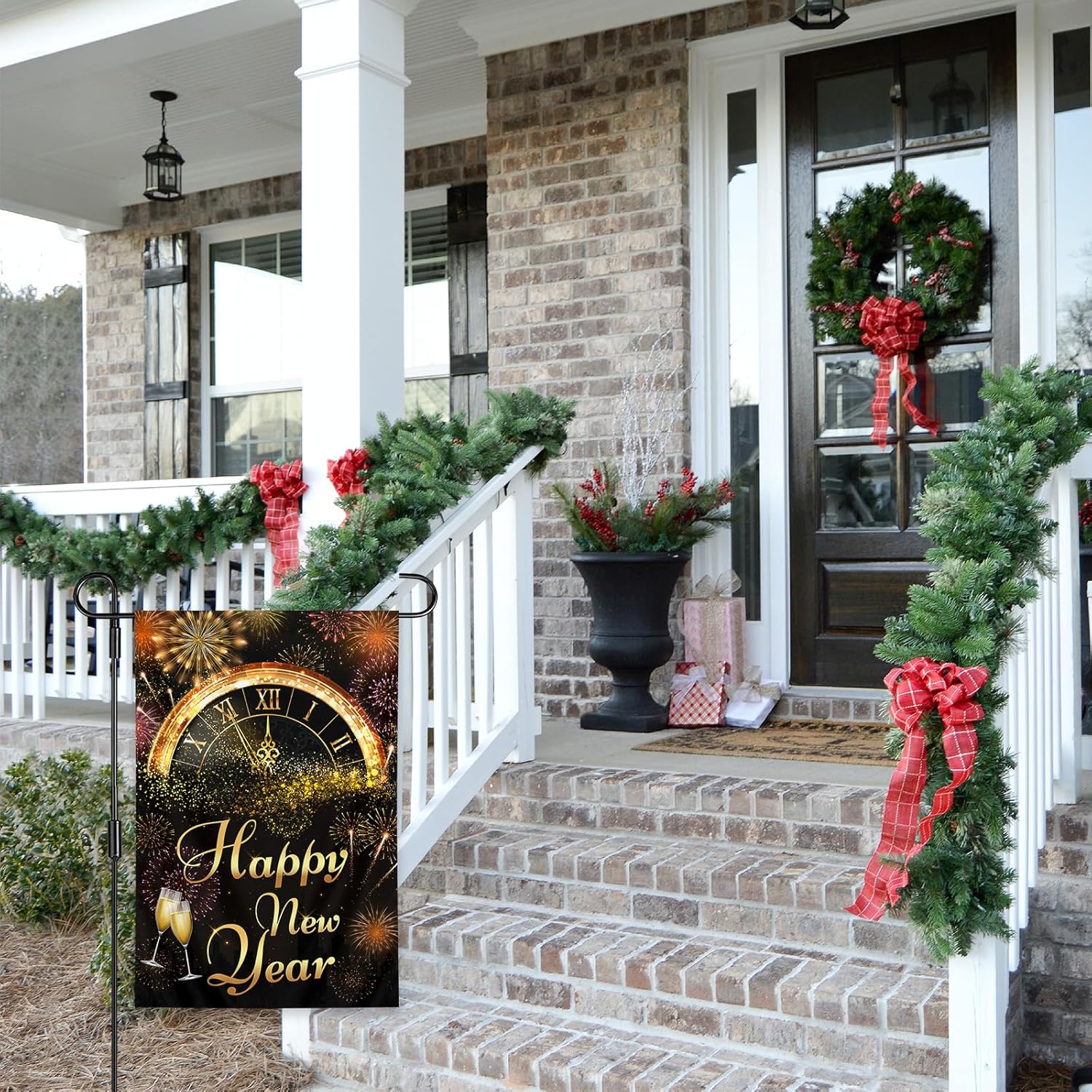 Happy New Year Garden Flag, 12x18 Inch Double-Sided Holiday Outside Yard Flags Flag, Black Background Fireworks Clock Pattern Courtyard Decoration - Image 4