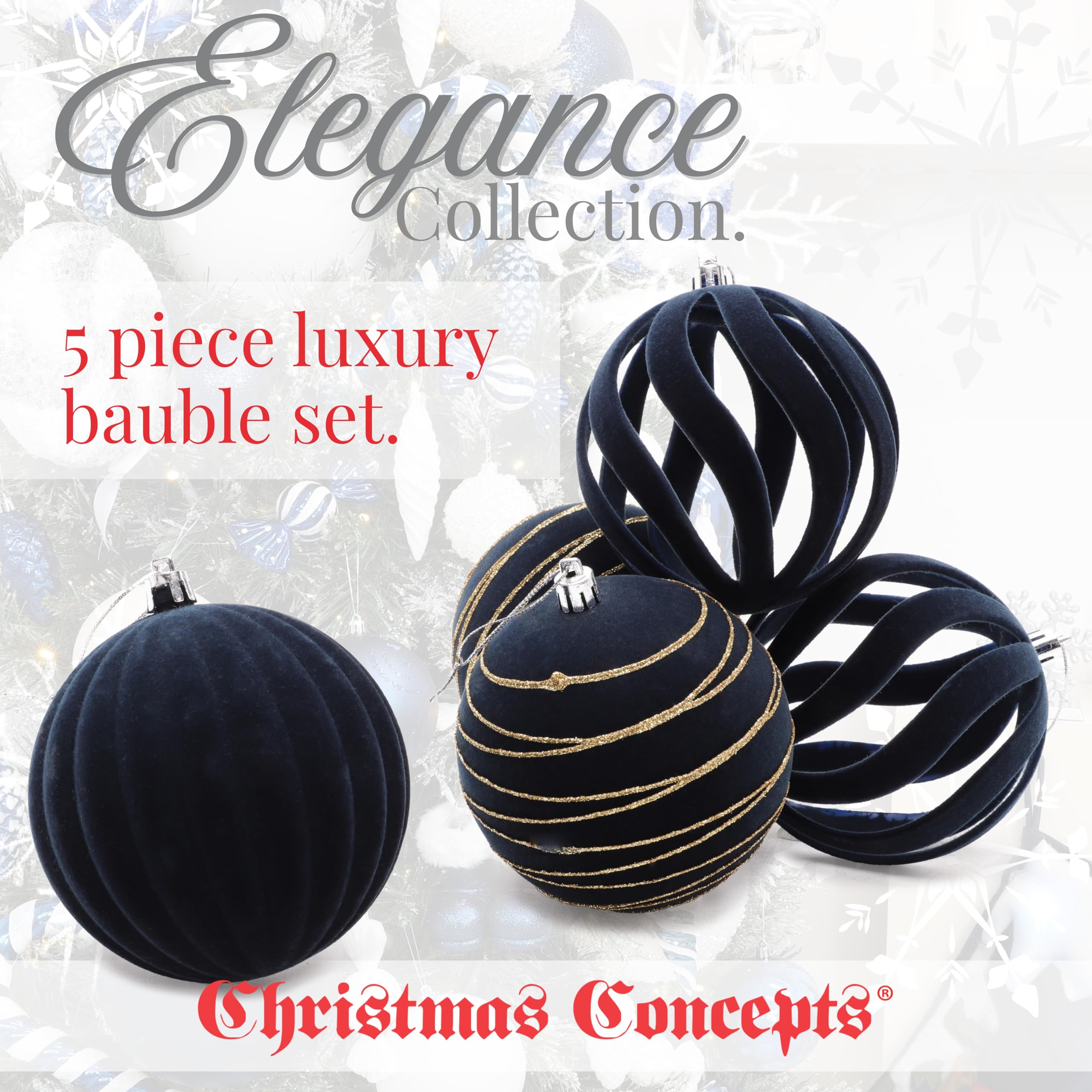 Christmas Concepts Elegance Collection Christbaumkugeln, 5 Stück, 100 mm, Mitternachtsblau, luxuriös, Samt und Glitzer verziert, große Christbaumkugeln, hängende Dekorationen