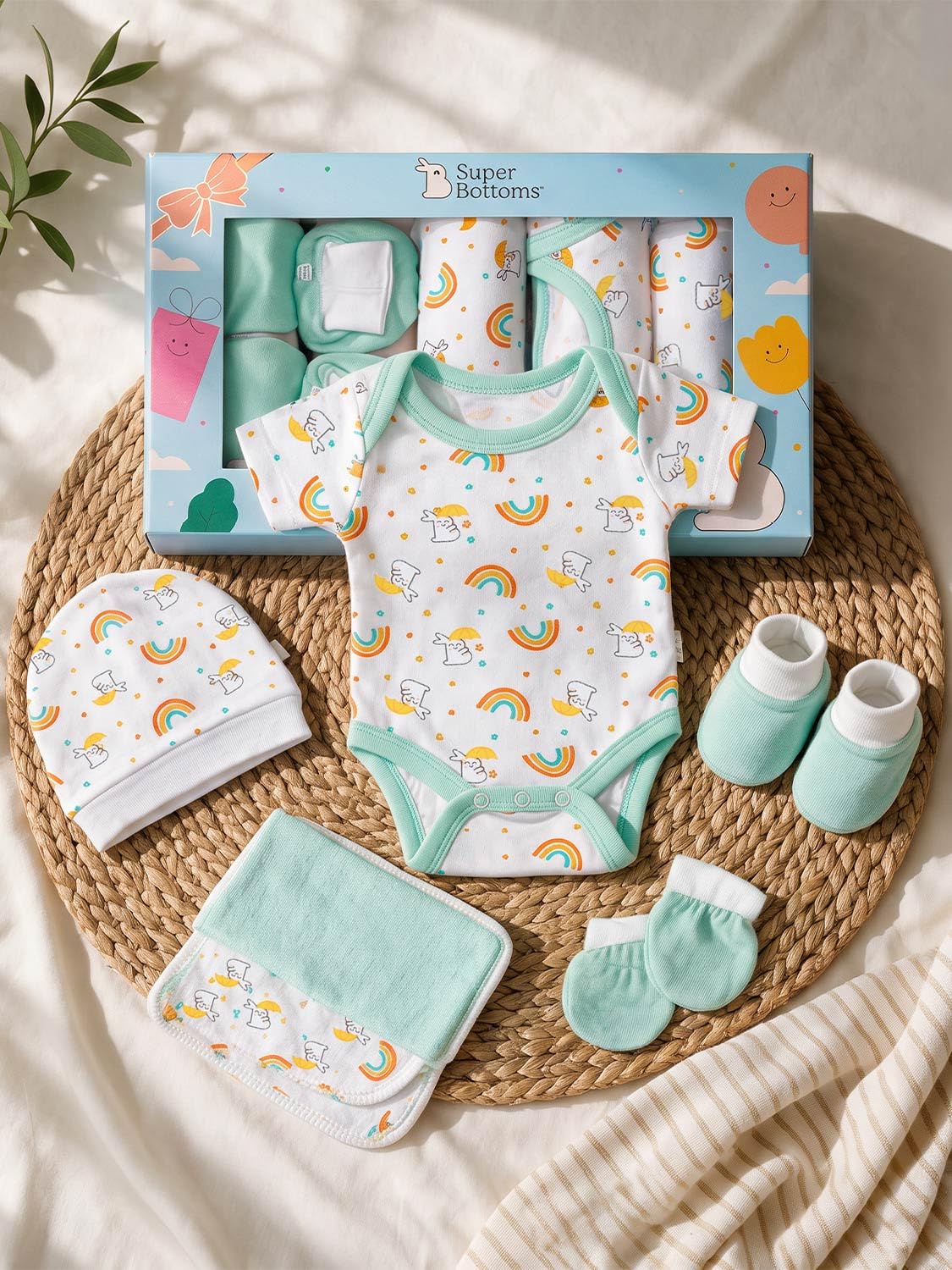 SuperBottoms Pure Love Gift Box for Newborn (0-6 Months) | Clothing Set | (White & Green) Thoughtful Gift Set for Newborn | Unisex Gift Set for Baby Boy & Baby Girl | Premium Cotton Baby Clothing.-image-15