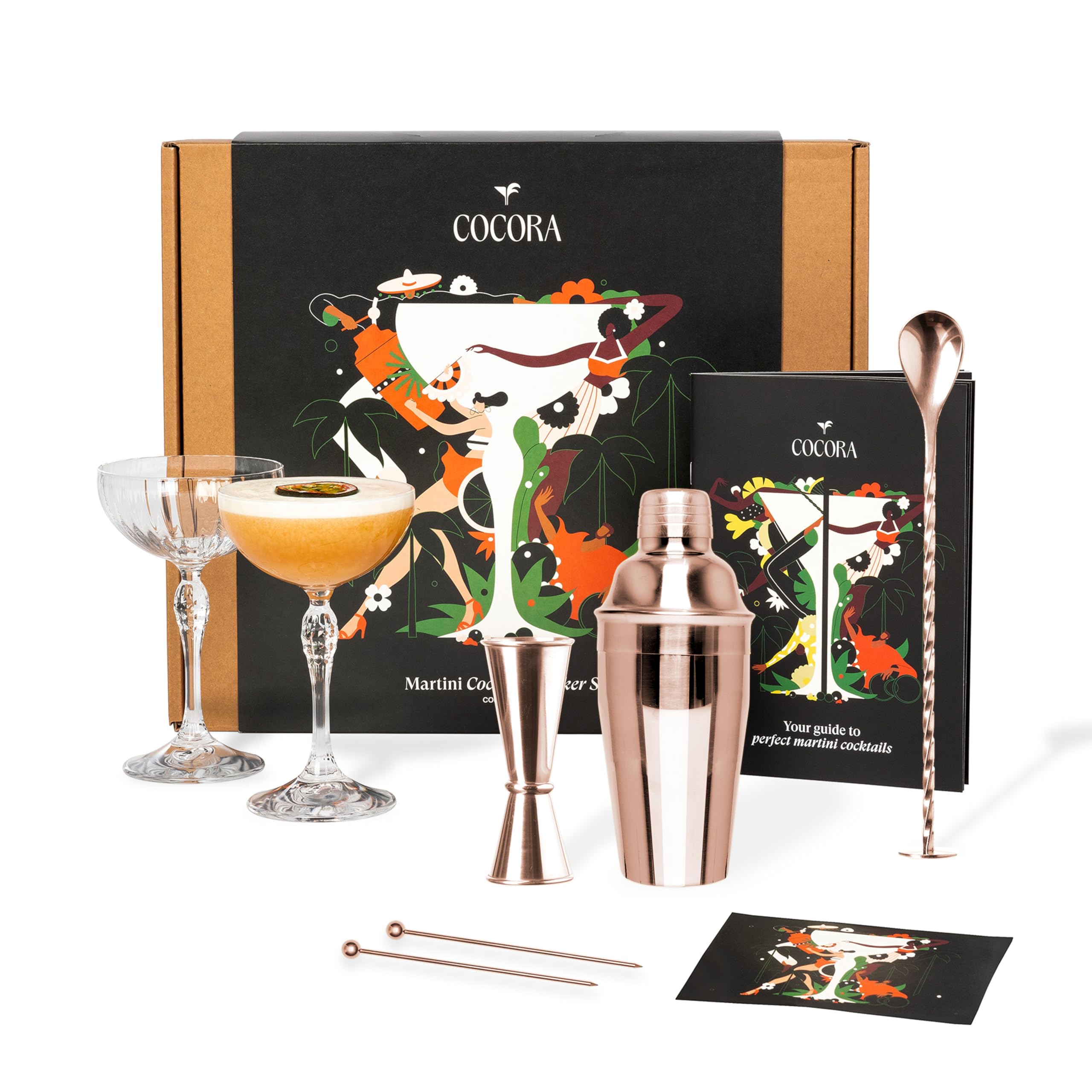 Cocora Martini Cocktail Set Regalo | Set Barman da 8 Pezzi | Kit Cocktail | Shaker Cocktail | Dosatore Cocktail | Bicchieri Cocktail | Cucchiaio Cocktail | Idea Regalo | Eco Friendly (Rose)