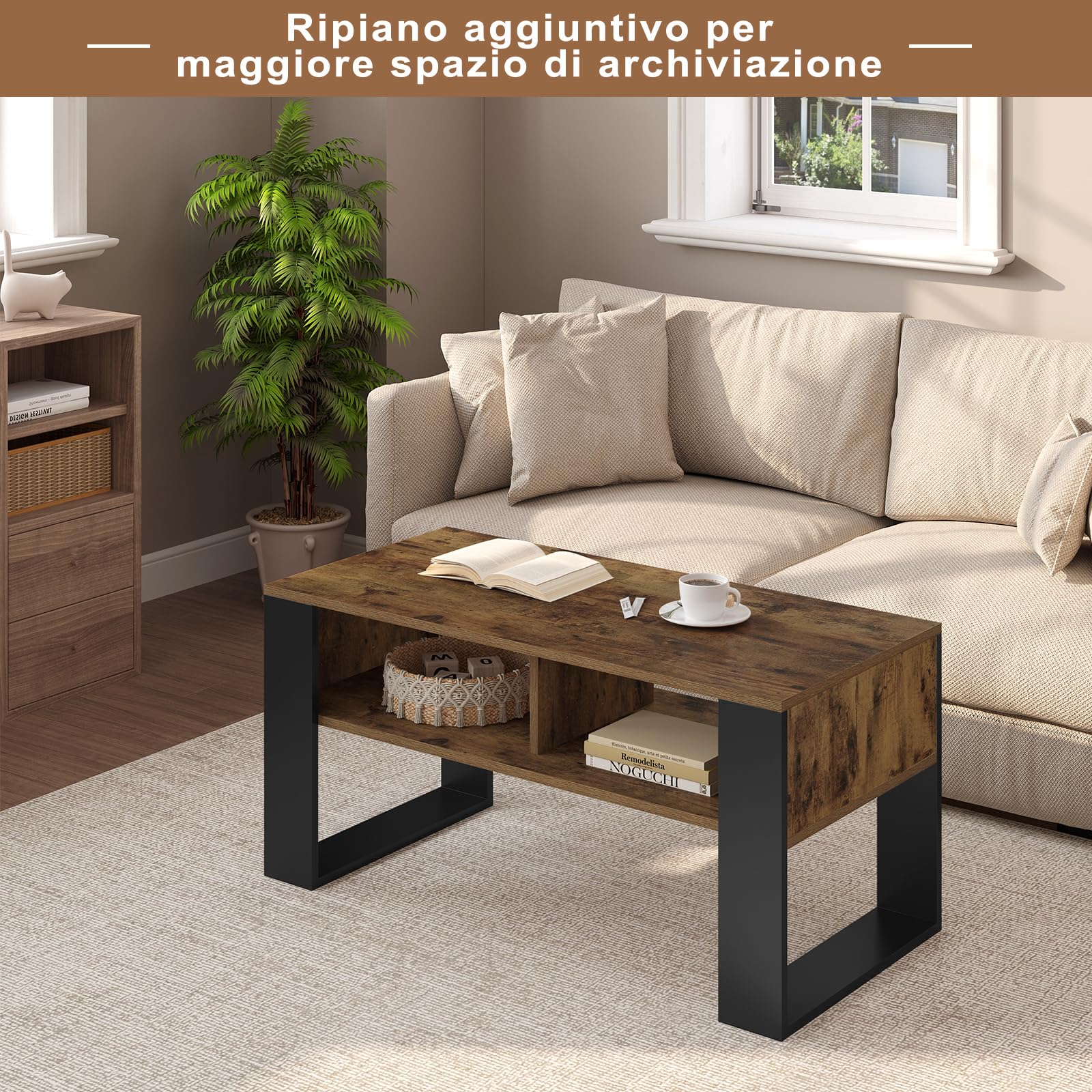 WOLTU Tavolino da Salotto/Divano con 2 Scomparti Aperti, Tavolino Basso, Tavolo Laterale per Soggiorno, Camera da Letto, in Legno, Marrone Rustico + Nero, 90x45x45 cm, BTS16hov