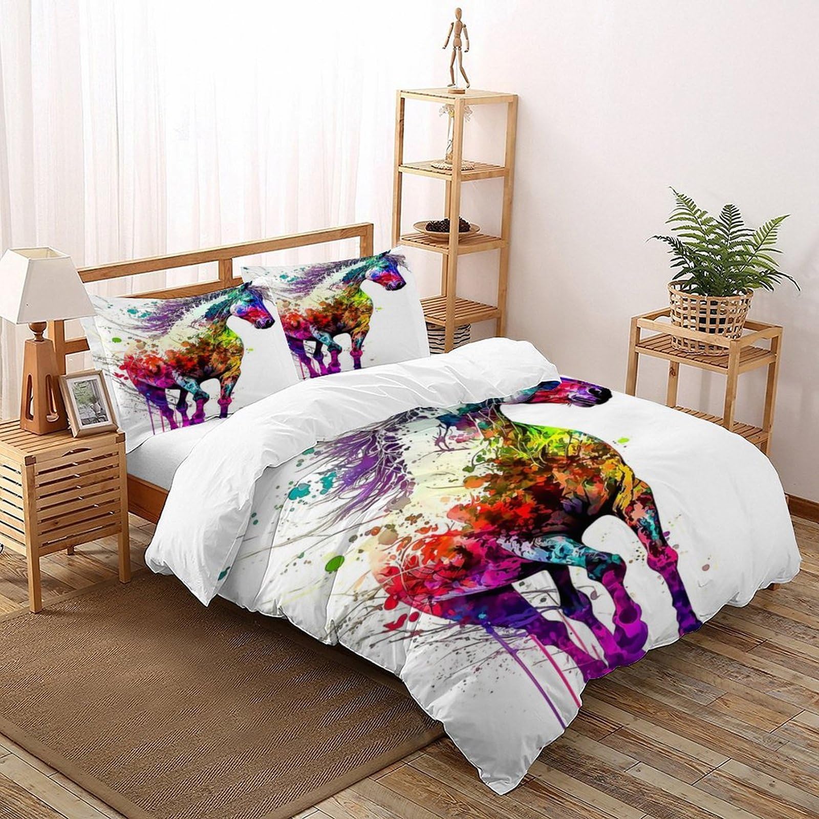 Housse de couette cheval grand lit 260x220cm parure de lit infroissable