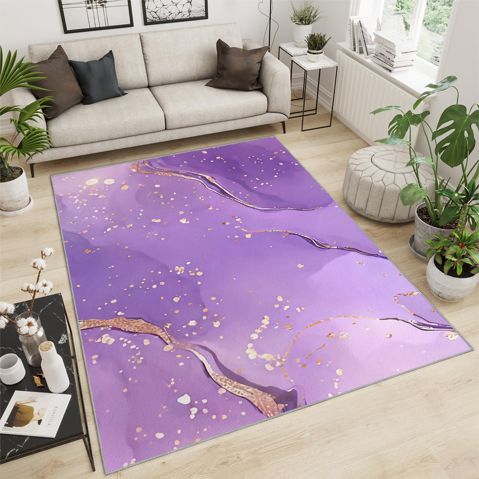QDJKBL Washable Rugs 160 X 200 Cm Purple Abstract Marble, Gold-Plated Curved Lines and Circle Spot Print Farmhouse Rug, Soft Area Rug Water Proof for Classroom Home