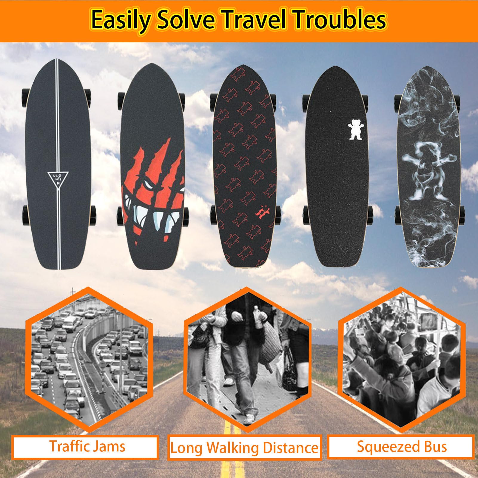 Skateboard électrique, vitesse maximale jusqu'à 36 km/h, portée jusqu'à 24 km, moteur moyeu 400 W/800 W, idéal pour adultes et adolescents