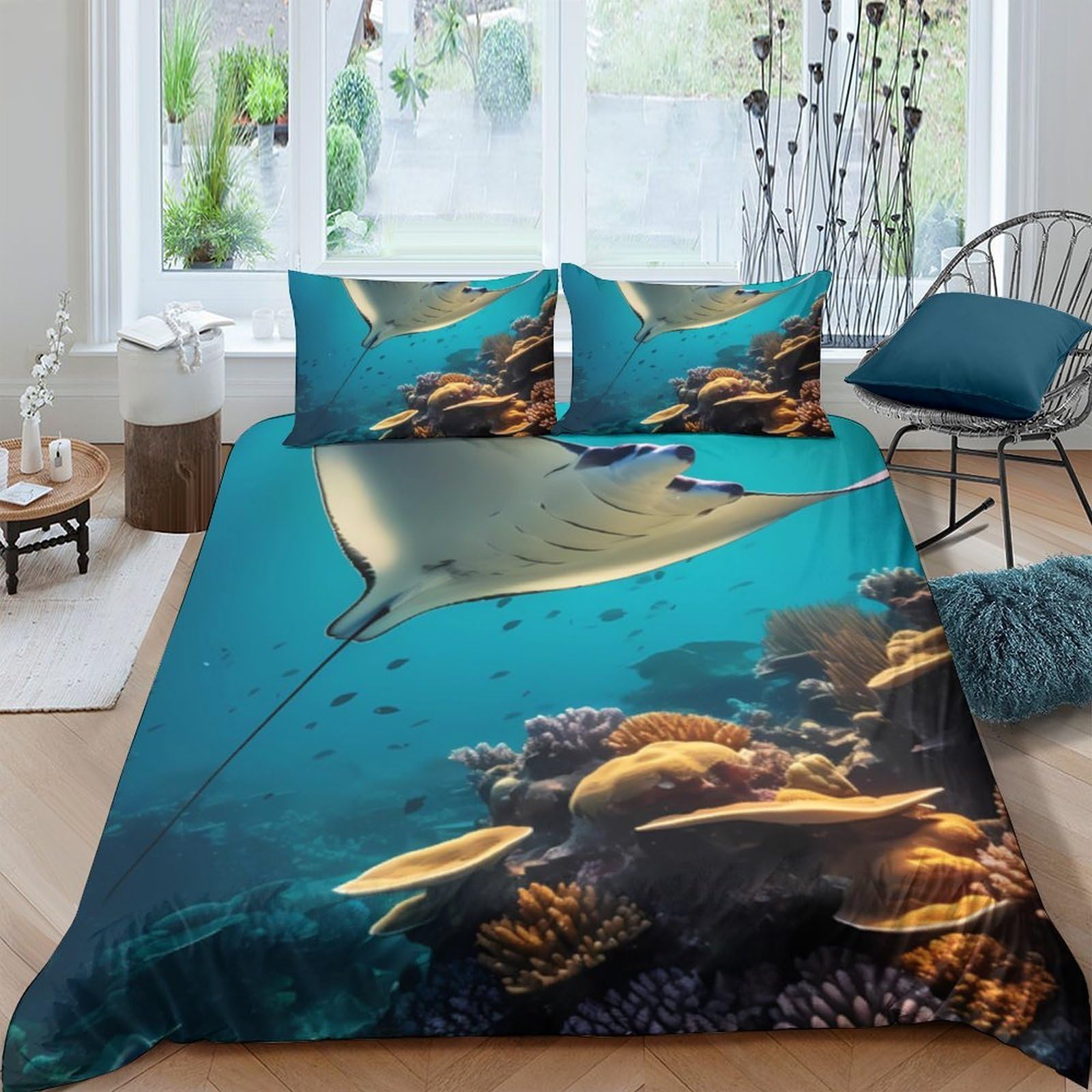 Ctjqhvkz Style-8 3D Printed Ocean Stingray Fitted Sheet Microfiber Soft Breathable Coral Reef Bed Cover For Bedroom Guest Room Mattress Decor Single（135X200cm）