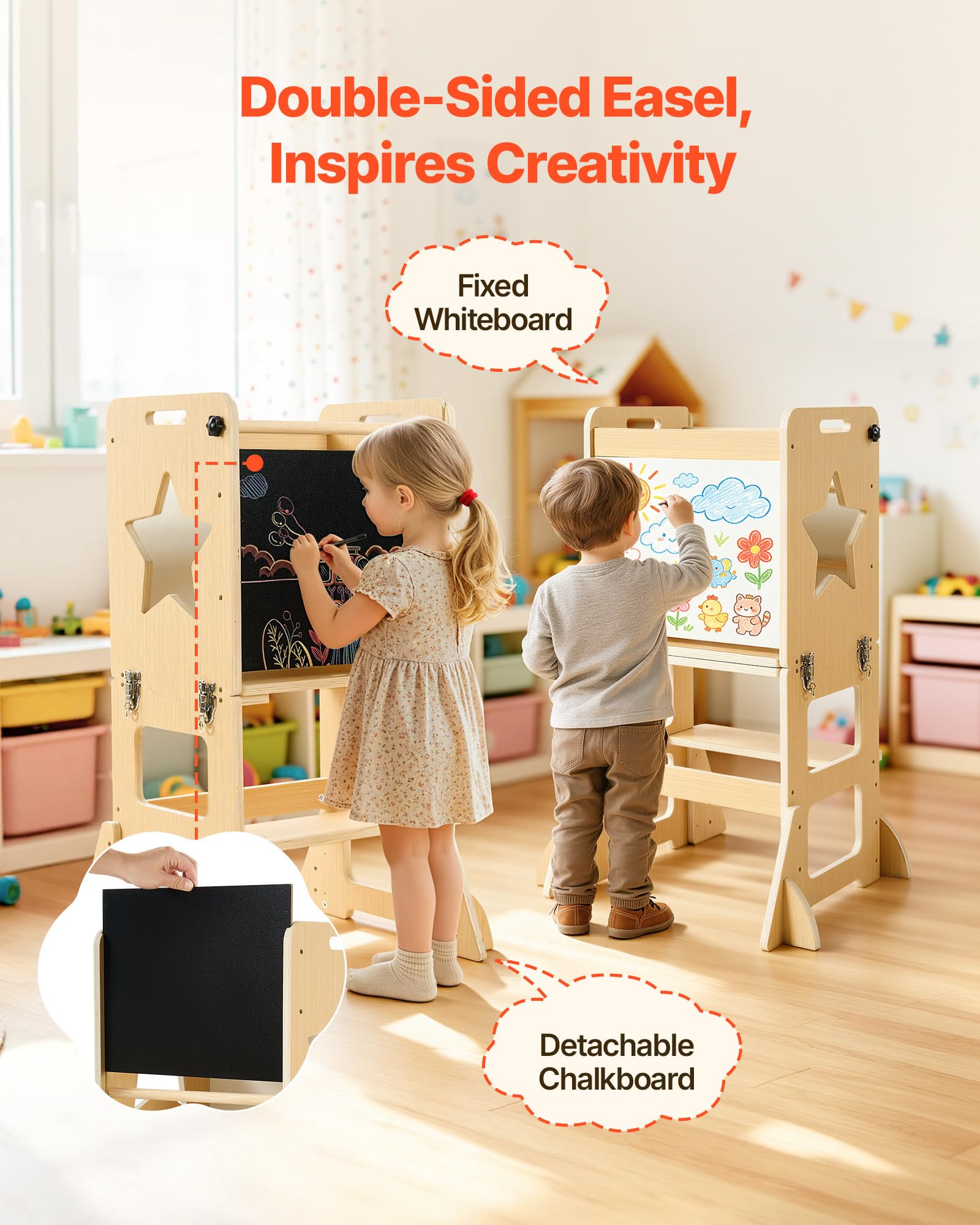VEVOR Set Tavolo e Sedia Montessori Svezzamento, Seggiolone Multifunzioni | 6 in 1, con Lavagna e Vassoio per la Pappa, Materiale Legno, per Bagno e Bancone Cucina Apprendimento Bambini in Crescita
