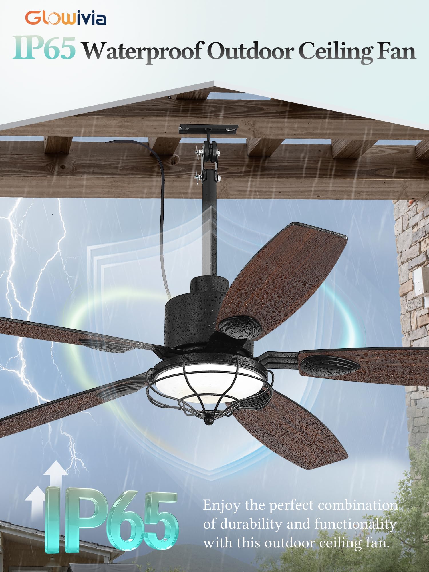 Condition photo showing New/Like New for 52" outdoor ceiling fan with lights, ip65 waterproof gazebo fan with 3cct remote control 6-speeds reversible dc motor,plug in hanging ceiling fan for patio porch pergola(black)