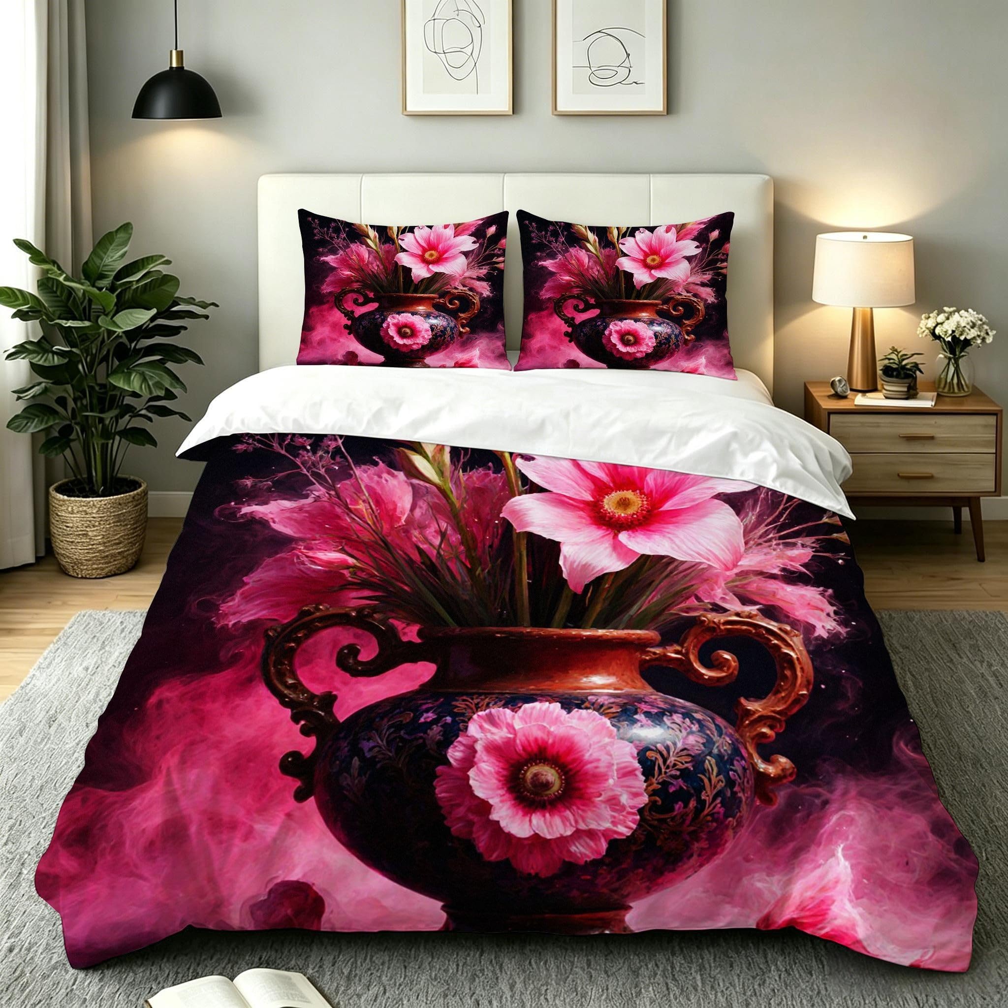 Parure de lit 240x260 fleur rose en microfibre avec 2 taies 65x65 cm