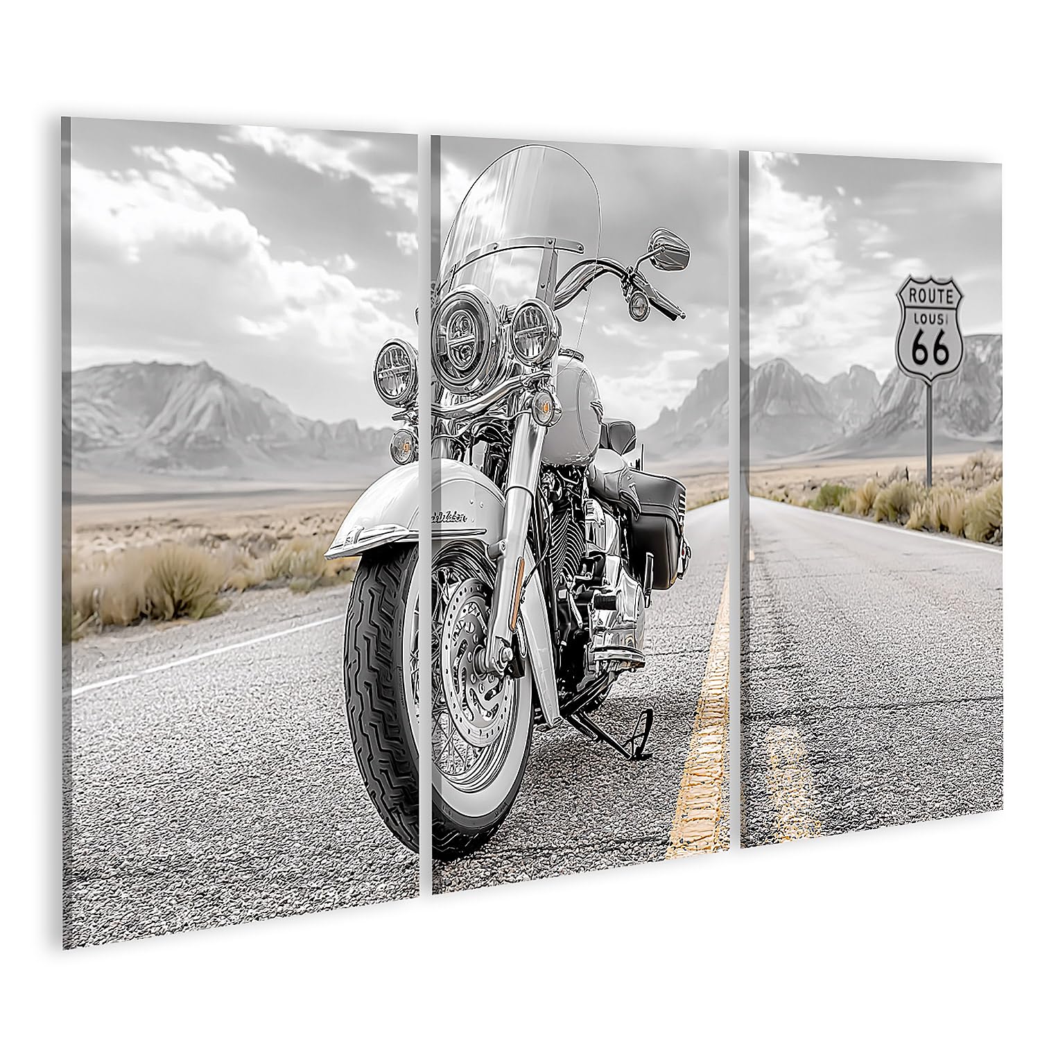 islandburner Tableau sur toile Motif moto aventureuse Route 66 Tableau mural Salon pour les amateurs de liberté - 3 pièces