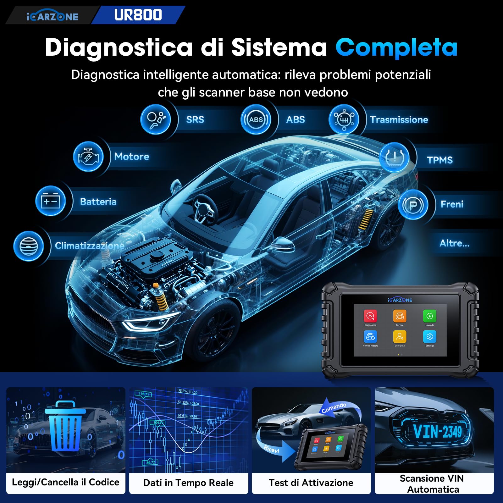 UR800 OBD2 Auto Diagnostica Tutte i Sistemi, 49+36 Extra Ripristino/Test Attivo,Apprendimento TCM/ECM/Albero Motore, Bidirezionale Diagnosi Auto, Codifica ECU per VW/BMW/V.A.G/Auto VIN/CAN FD