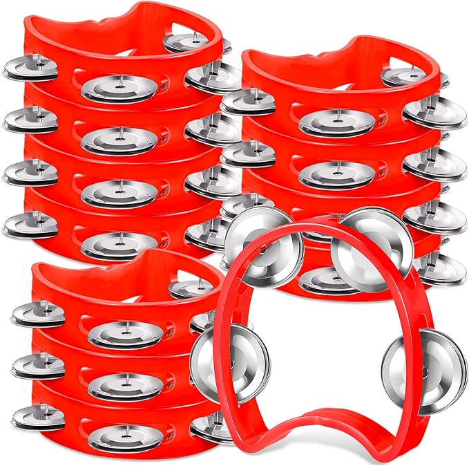 12 Pcs Plastic Percussion Tambourine with 4 Bells Rhythm Musical Instruments for Adults Hand Tambourine Hand Held Percussion Drum for Party Kindergarten Family School Supplies (Red)