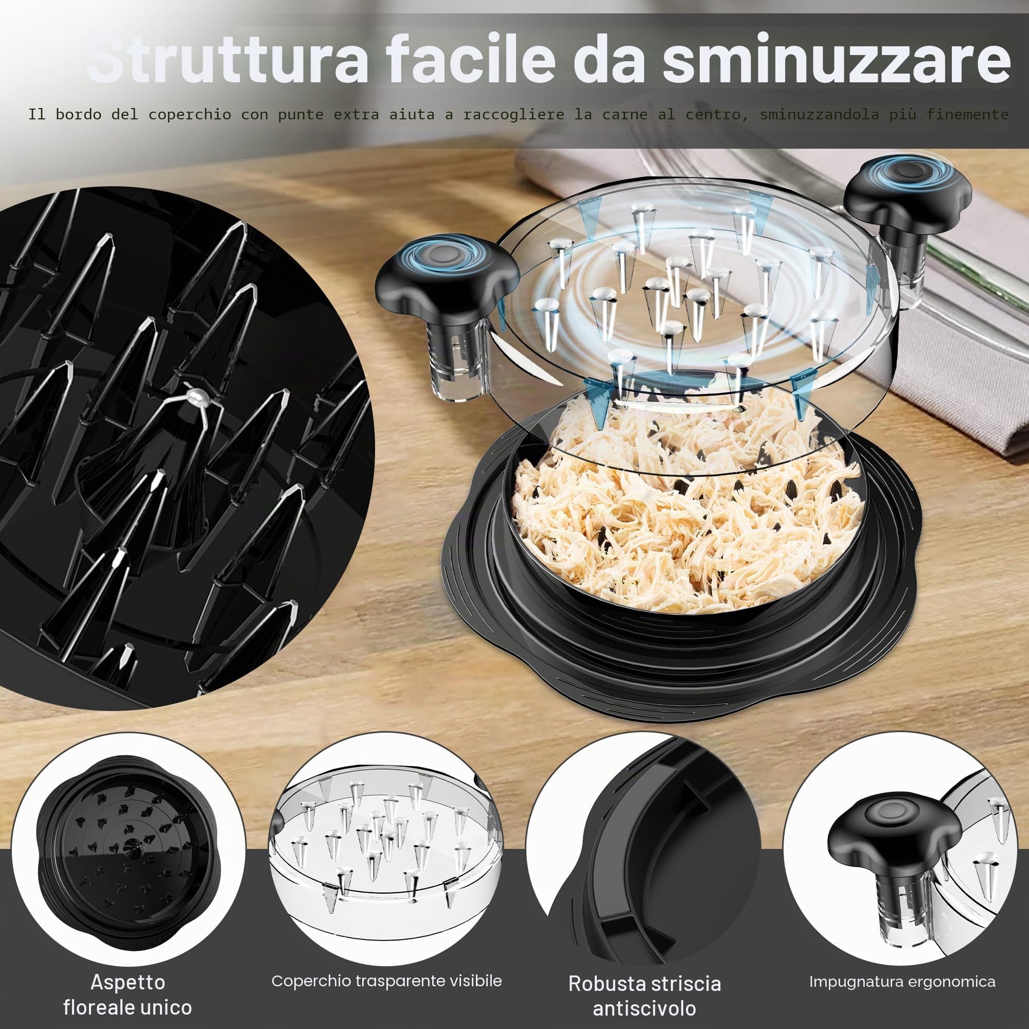 Trituratore di pollo grande con spazzola e forchetta – Tritapolli visibile con striscia antiscivolo, manico ergonomico, senza BPA, adatto per pollo, maiale e manzo (nero)