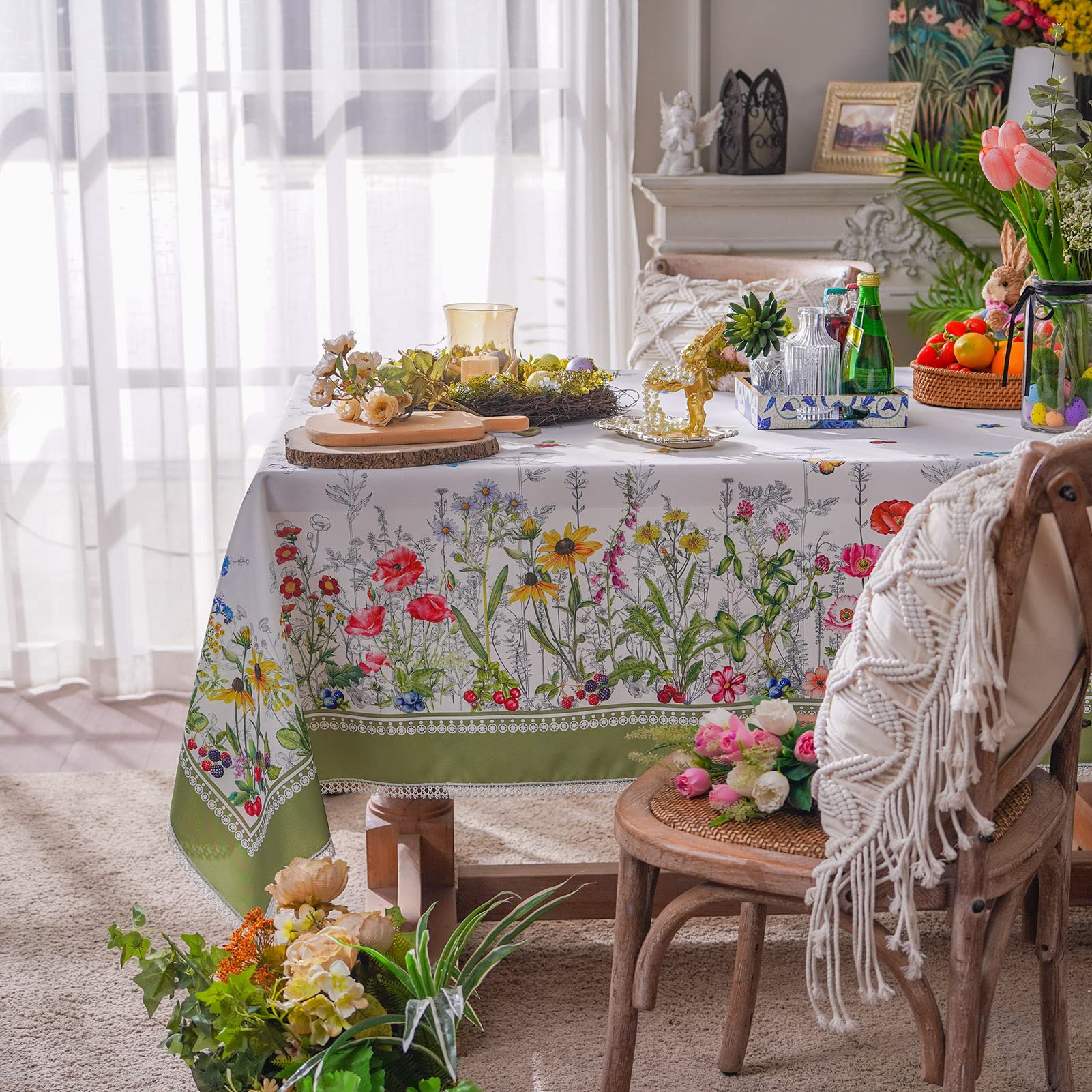 SUTAVIA Mantel Floral de Mariposa, Girasol, Tela Impermeable con Encaje Bordado, Resistente a Las Manchas, decoración para Primavera, Verano, hogar, Comedor, Interior, Exterior, Boda, Picnic