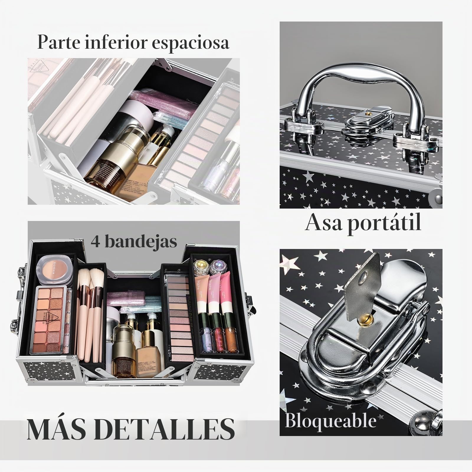Maletín Maquillaje pequeño Caja Maquillaje vacío Organizador Maquillaje con Cerradura Maletín Maletin Manicura para niñas Maletín de cosméticos, Cielo Estrellado Negro