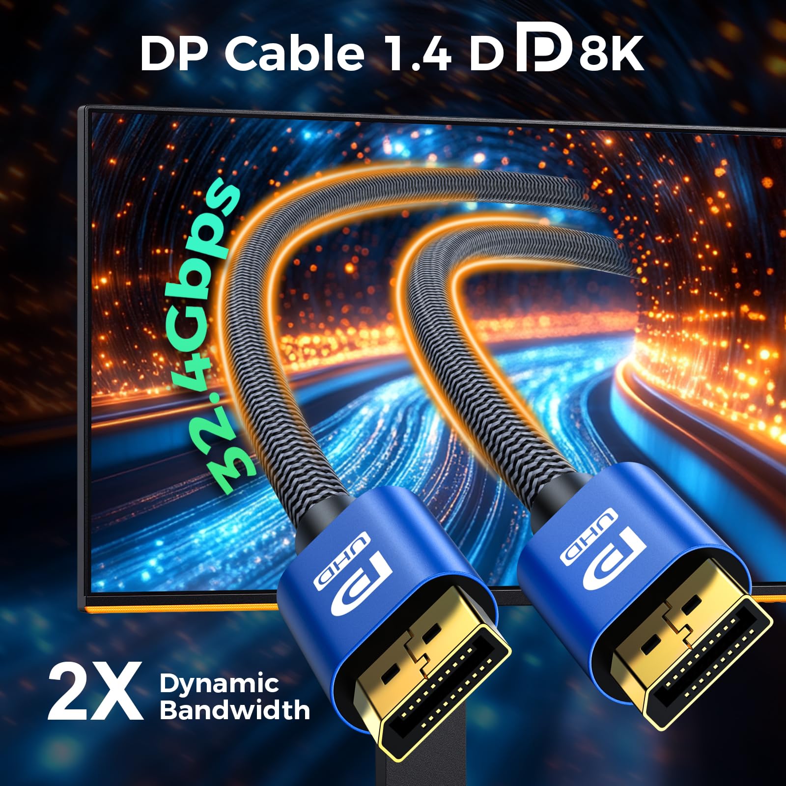 Kabel DisplayPort 2M, Display Port 1.4, Kabel DP Obsługa 8K@60Hz, 4K@144Hz, 2K@240Hz, 32.4Gbps, HBR3 HDR, DSC 1.2, G-Sync FreeSync, Kabel Display 2.0 Lead dla Laptopa Gaming Monitor PC TV - Niebieski