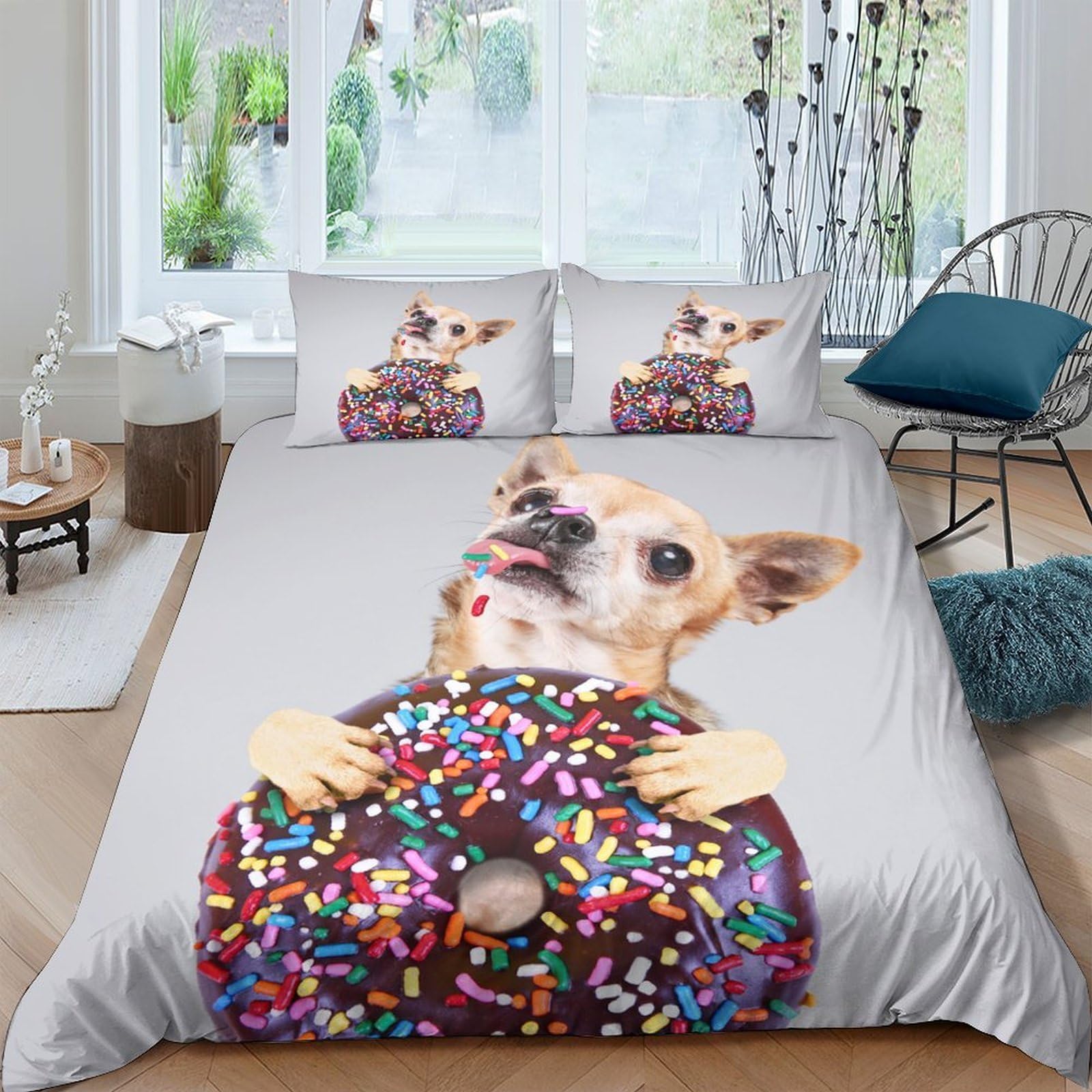 Ctjqhvkz Style-10 3D Printed Cute Chihuahua Donut Fitted Sheet Microfiber Anti-Slip Bed Cover Bedroom Decor Machine Washable Single（135X200cm）