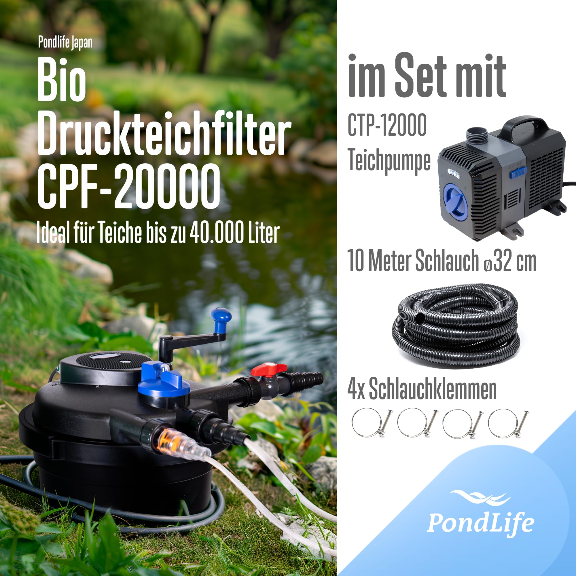 Pondlife Teich Filteranlage Set 6, Druckfilter CPF-20000 mit UVC Klärer für Teiche bis 40.000 Liter, 12.000L/h Durchfluss, energieeffiziente Pumpe CTP-12000 inkl. 10m Schlauch