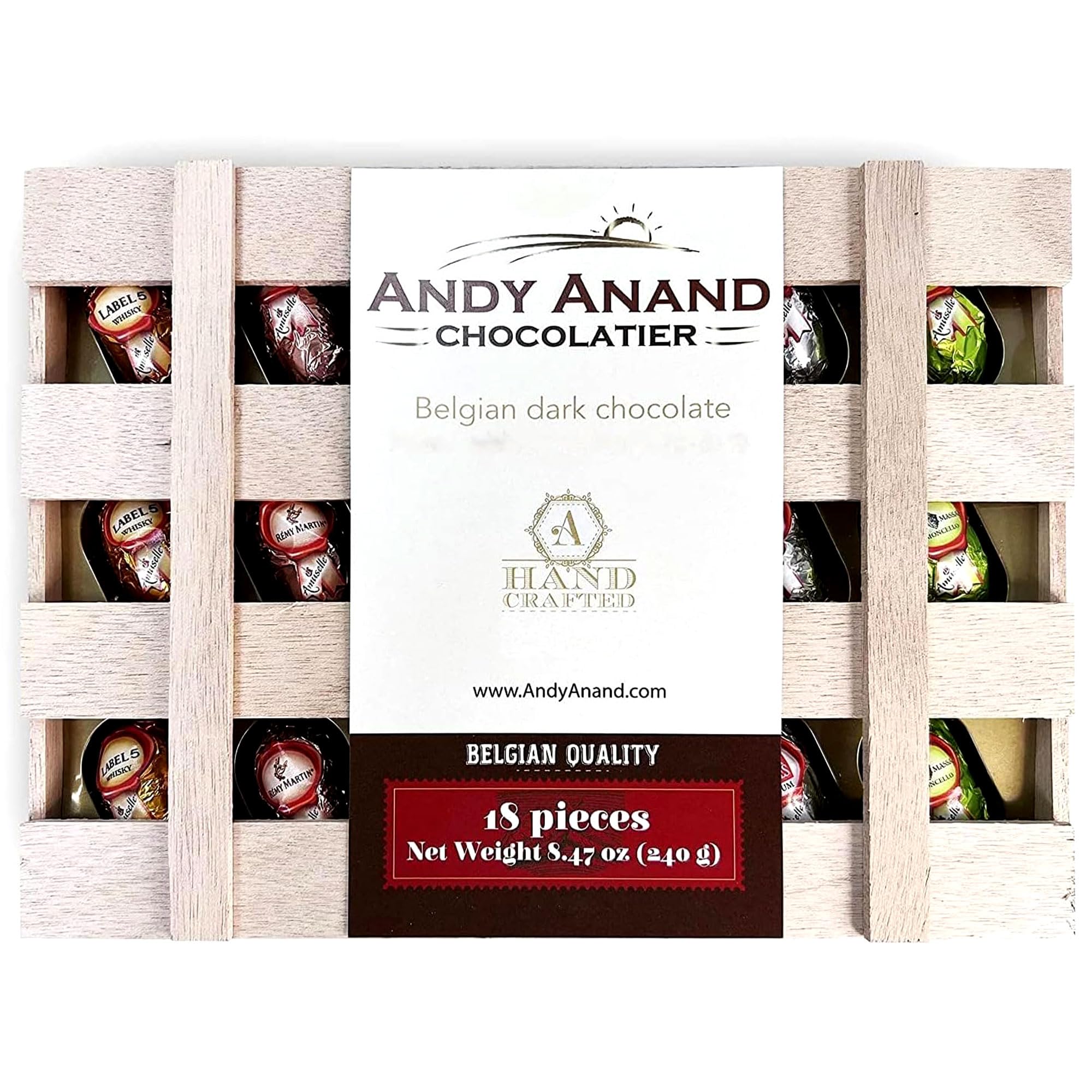 Andy Anand Chocolatier European liqueur Flavored Dark Chocolate Bottles - Filled with Top-Shelf Liquor, Gluten Free Assorted Liquor Flavors, Liqueur Center Filled Chocolate in Wooden Gift Box (18Pcs)