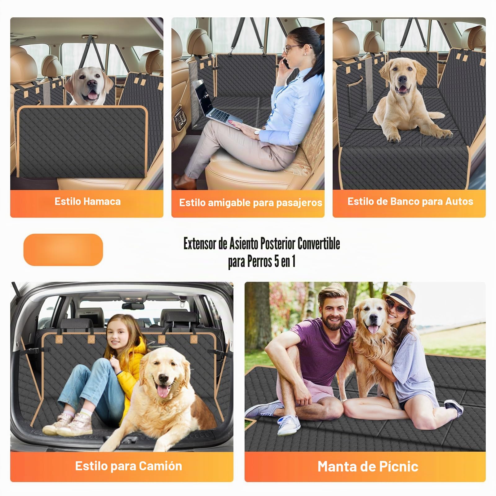 Protector de Asiento para Mascotas con 4 Bases de Madera Reforzada - Funda Coche Perro Impermeable 3 en 1, Antideslizante, Antiarañazos, para SUV/Sedán/Camionetas (L, Negro)