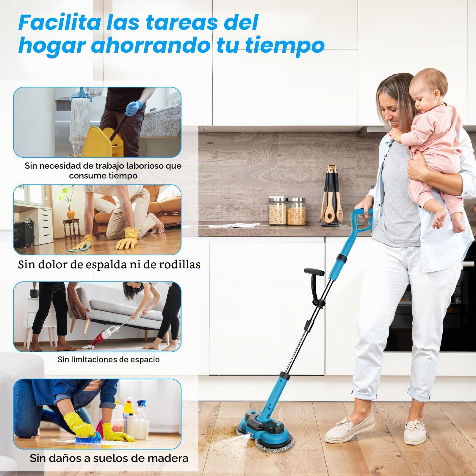 Mopa eléctrica inalámbrica con 2 Baterías de 2000 mAh, Fregona giratoria eléctrica for limpieza de pisos, con luz LED y depósito de agua de 300 ml y aspersor, fregona para suelos de mármol madera dura