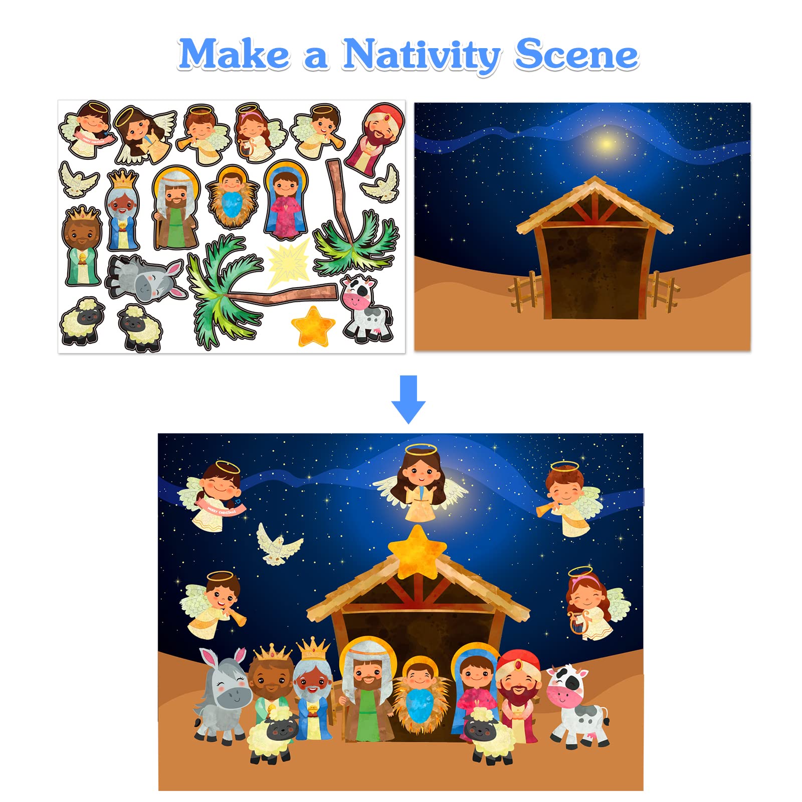 FaCraft Naklejki szopkowe, 24 arkusze naklejki zrób szopkę, zabawne świąteczne rzemiosło na przyjęcie religijne przysługa szopka gra imprezowa dla dzieci