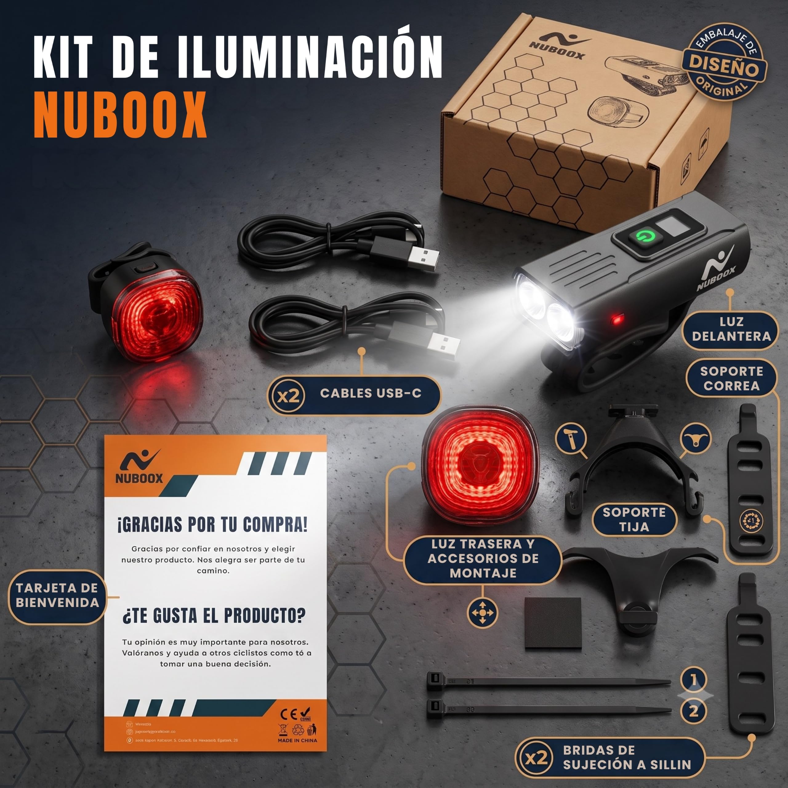 Feux de vélo LED rechargeables USB-C. Projecteur puissant 1000 lumens, écran numérique et imperméable. [Options : uniquement avant ou kit complet avec feu arrière IP66]. Idéal pour vélo VTT et