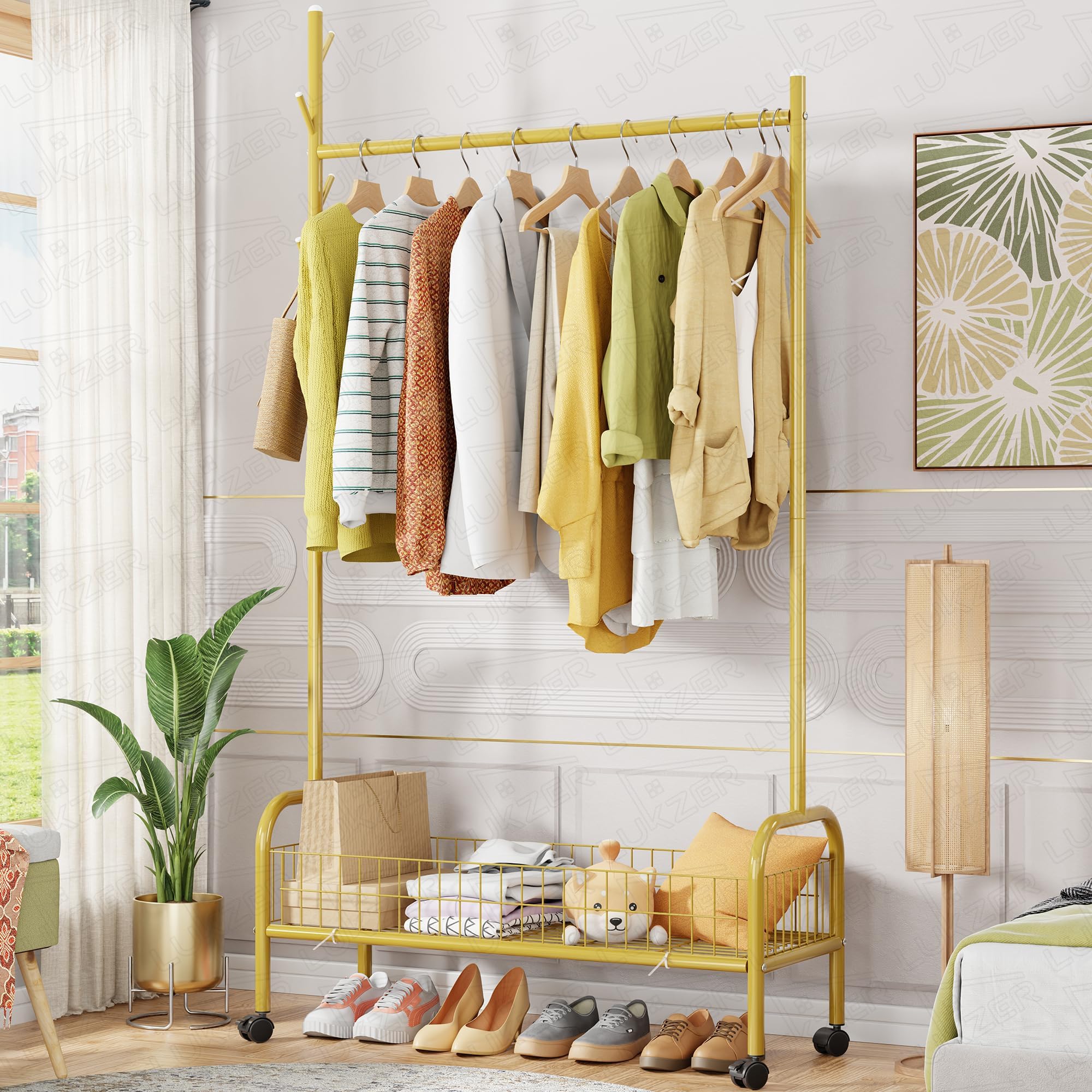 Lukzer | MGR-001 | Gold | Portable Metal Clothes Rack with Wheels, Single Rod & Bottom Shelf – Heavy-Duty Freestanding Closet Organizer for Bedroom, Laundry, Entryway & More | 173 x 90 x 35 cm