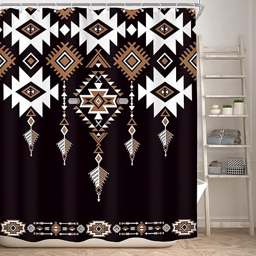 Miniatura 2 de KOMLLEX Cortina de ducha azteca occidental negra para decoración de baño, 60 pulgadas de ancho x 72 pulgadas de alto, abstracto, bohemio,