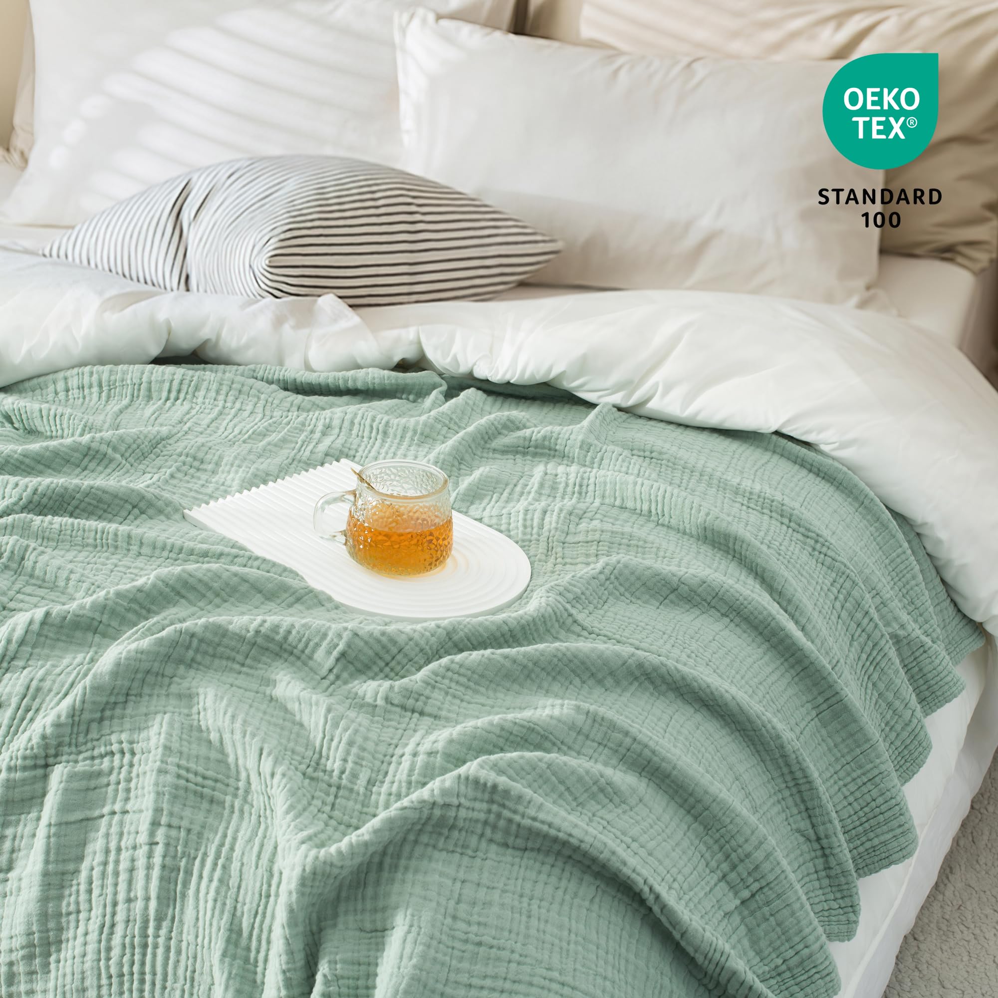 Carriediosa Manta de Gasa de Lino prelavada de 4 Capas de Muselina de algodón 100% para Adultos, Suave, Transpirable, Ligera, cómoda para Cama y sofá, 70 x 80 Pulgadas, Color Verde Salvia