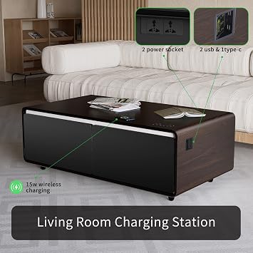51in Smart Coffee Table with Built in Fridge, Living Room Table Bluetooth Sound and Wireless Charging, Type-C & USB Interface, Temperature Control, Modern Center Table with LED (Black/Brown)