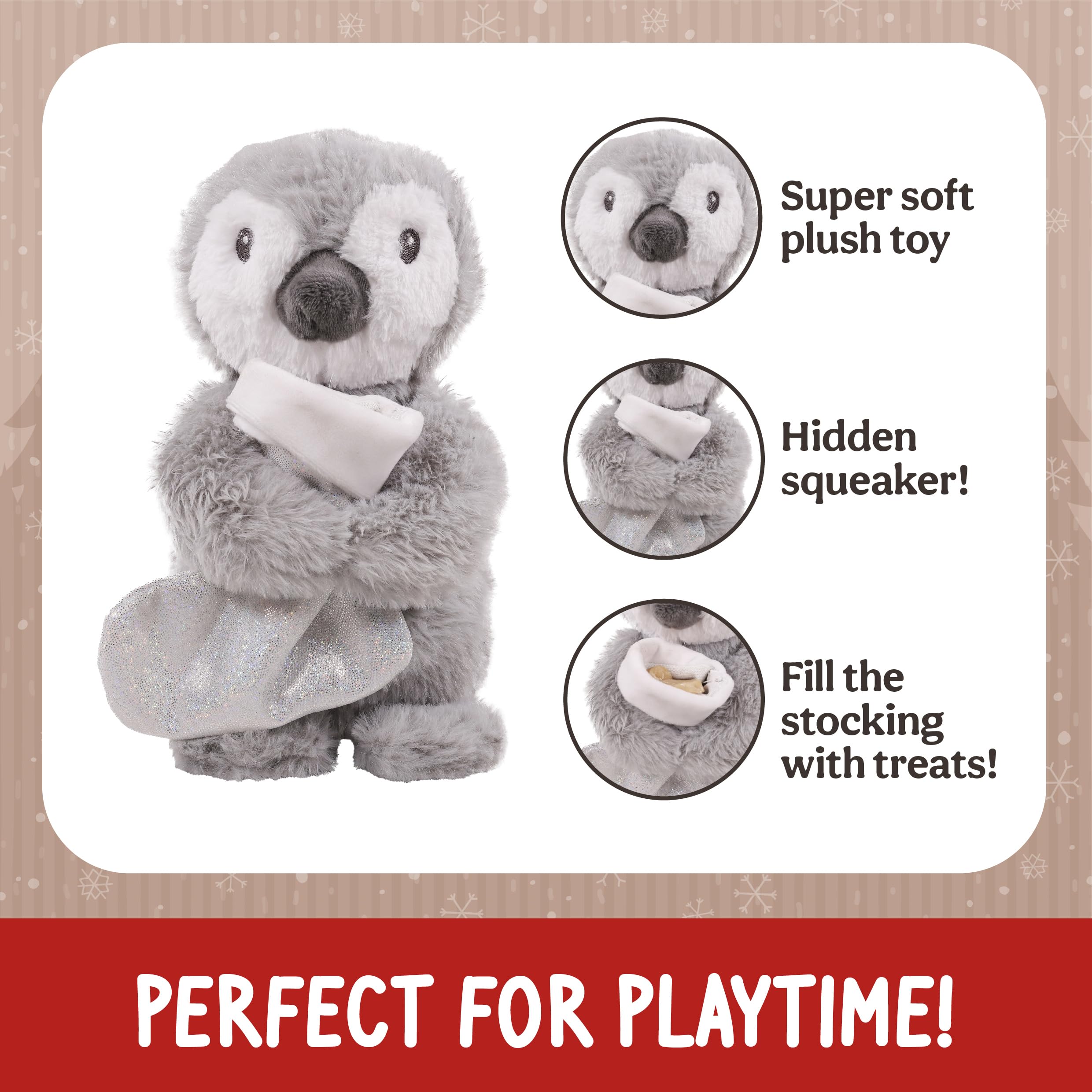 Rosewood Prancer Penguin Dog Toy, Plush Grey Penguin with Sparkly Silver Stocking for Treat Hiding Soft - Image 3