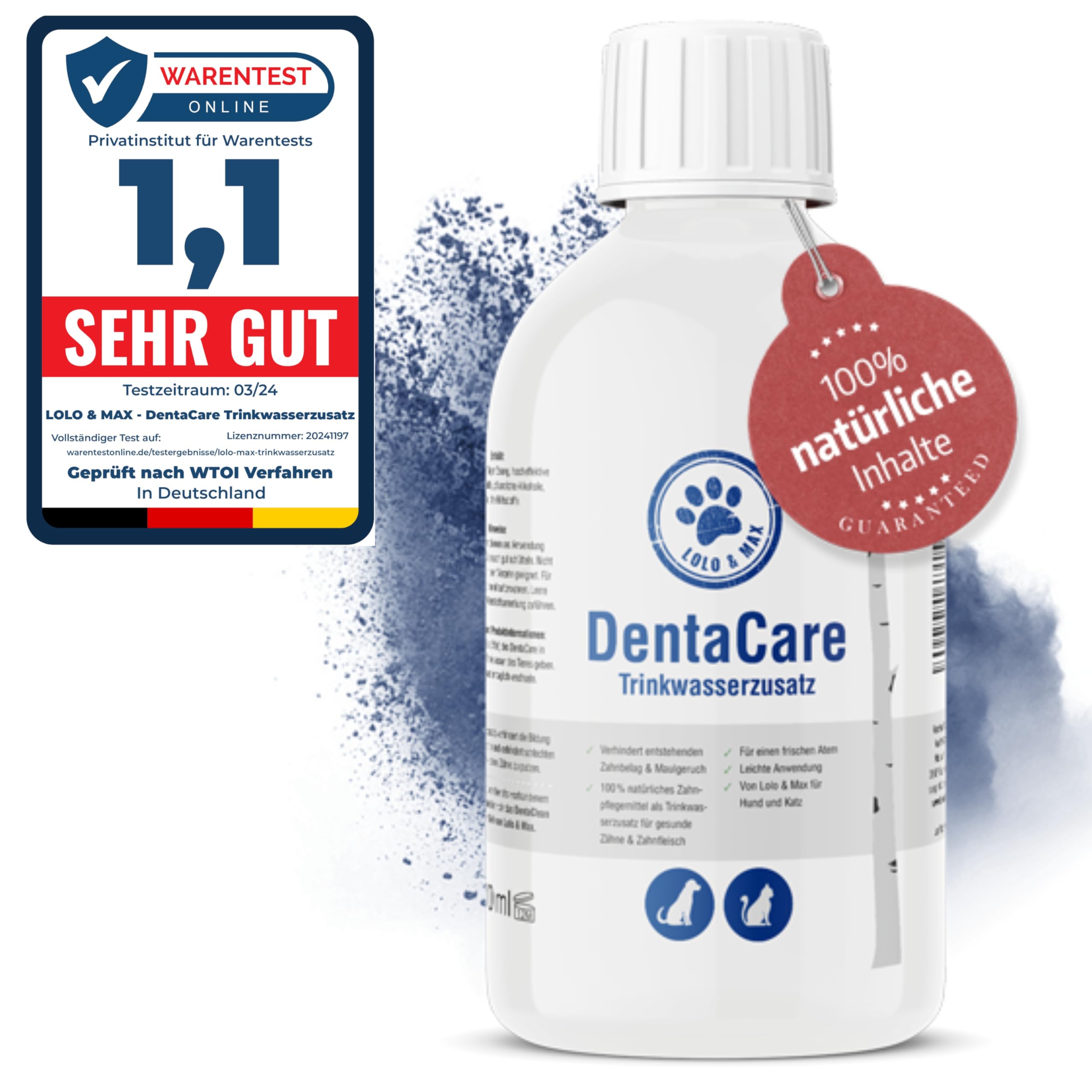 Lolo & Max natürliche Zahnpflege für Hund & Katze - DentaCare Trinkwasserzusatz zur Zahnreinigung für Haustiere - gegen Zahnbelag, Zahnstein & Maulgeruch - vegan - kein Mundgeruch mehr - 470ml