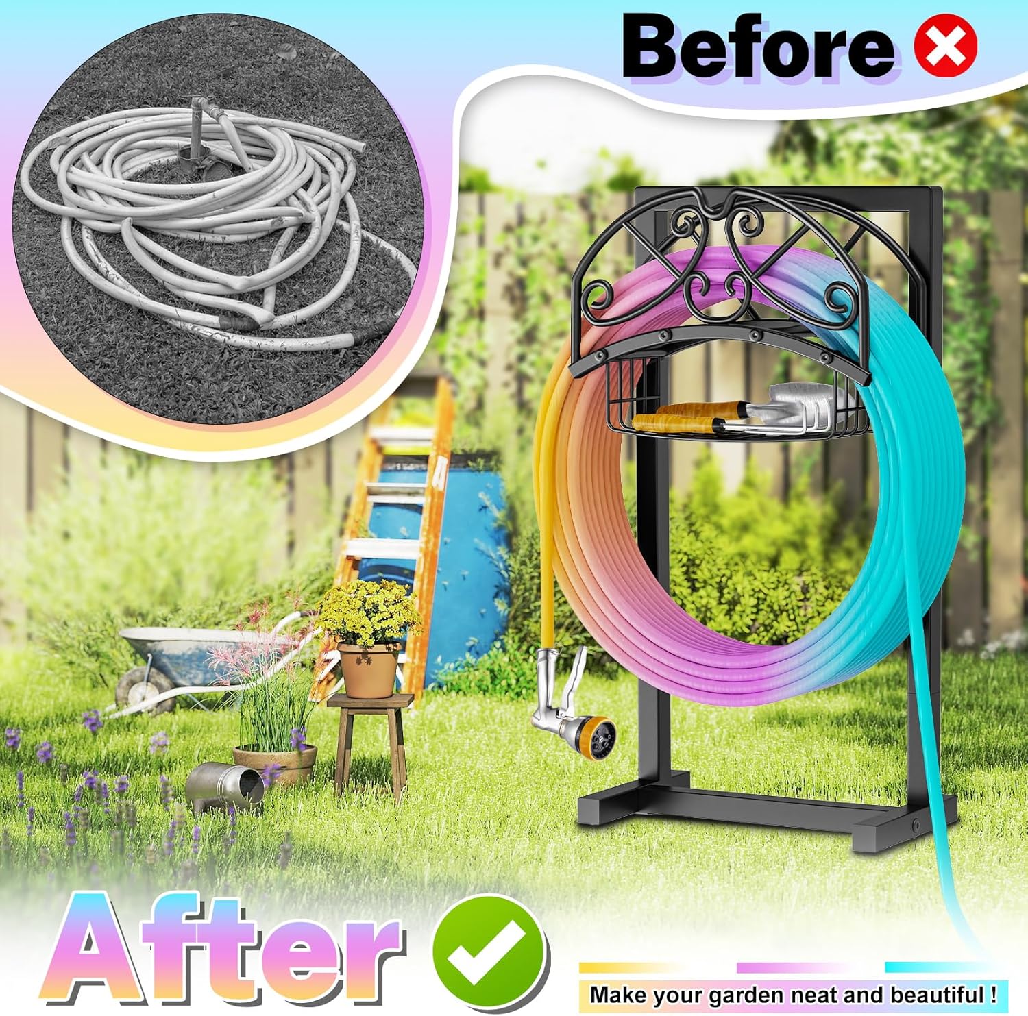 Garden Hose Holder, Freestanding Water Hose Holder with Storage Basket, Heavy Duty Metal Hose Stand Sturdy Hose Hanger, Detachable Hose Storage Rack for Outside Yard Lawn