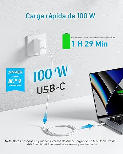 Miniatura 2 de Cargador Anker para MacBook Pro, compacto y plegable de 100W, USB C para MacBook Air, Samsung Galaxy, iPad Pro y más, incluye cable USB C de 5 pies
