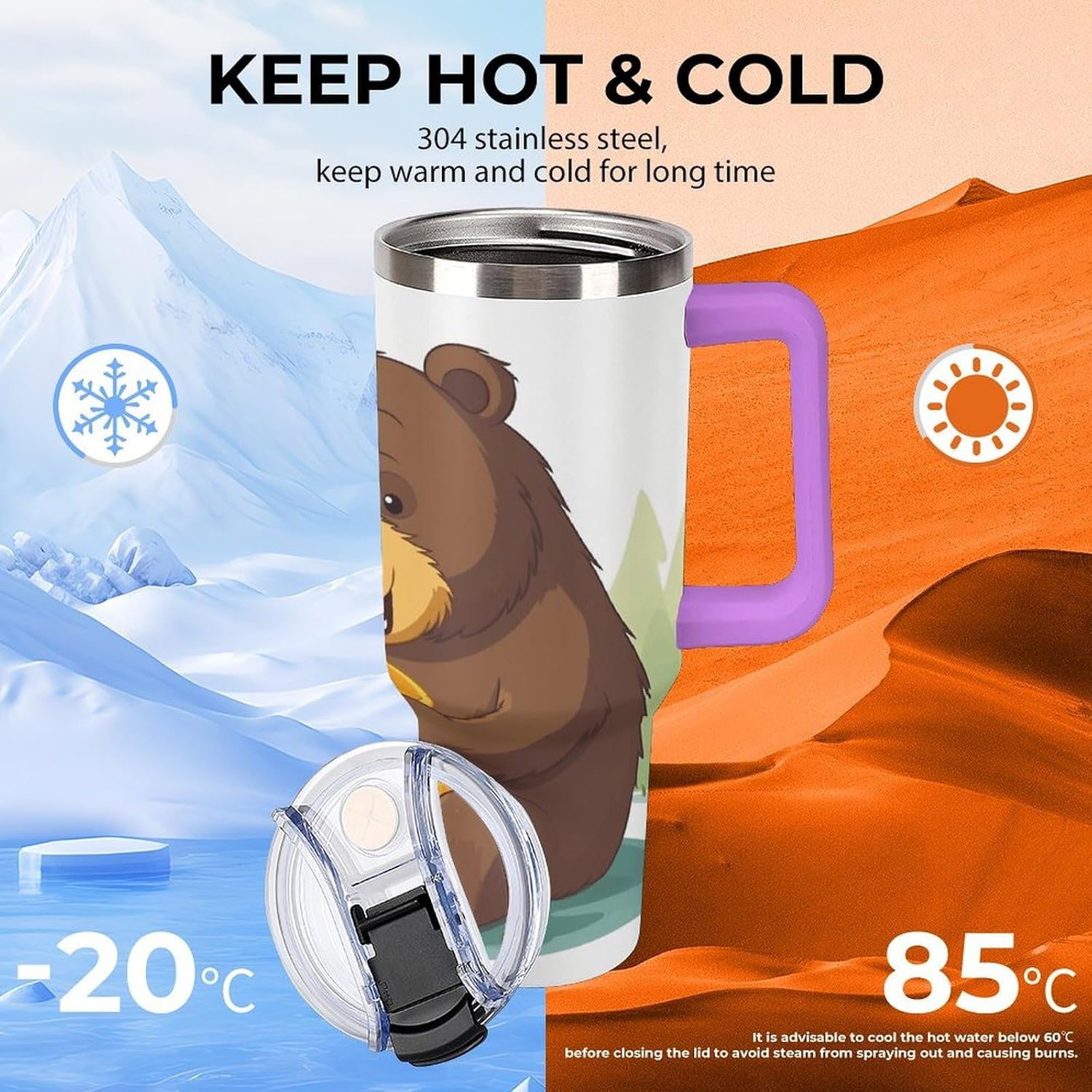 Bear Eats Honey Tumbler Stainless Steel Large Car Cup with Handle&Straw Lid Portable Coffee Cup Leak-proof Water Bottle Insulated Vacuum Travel Mug for Home Outdoor 40oz