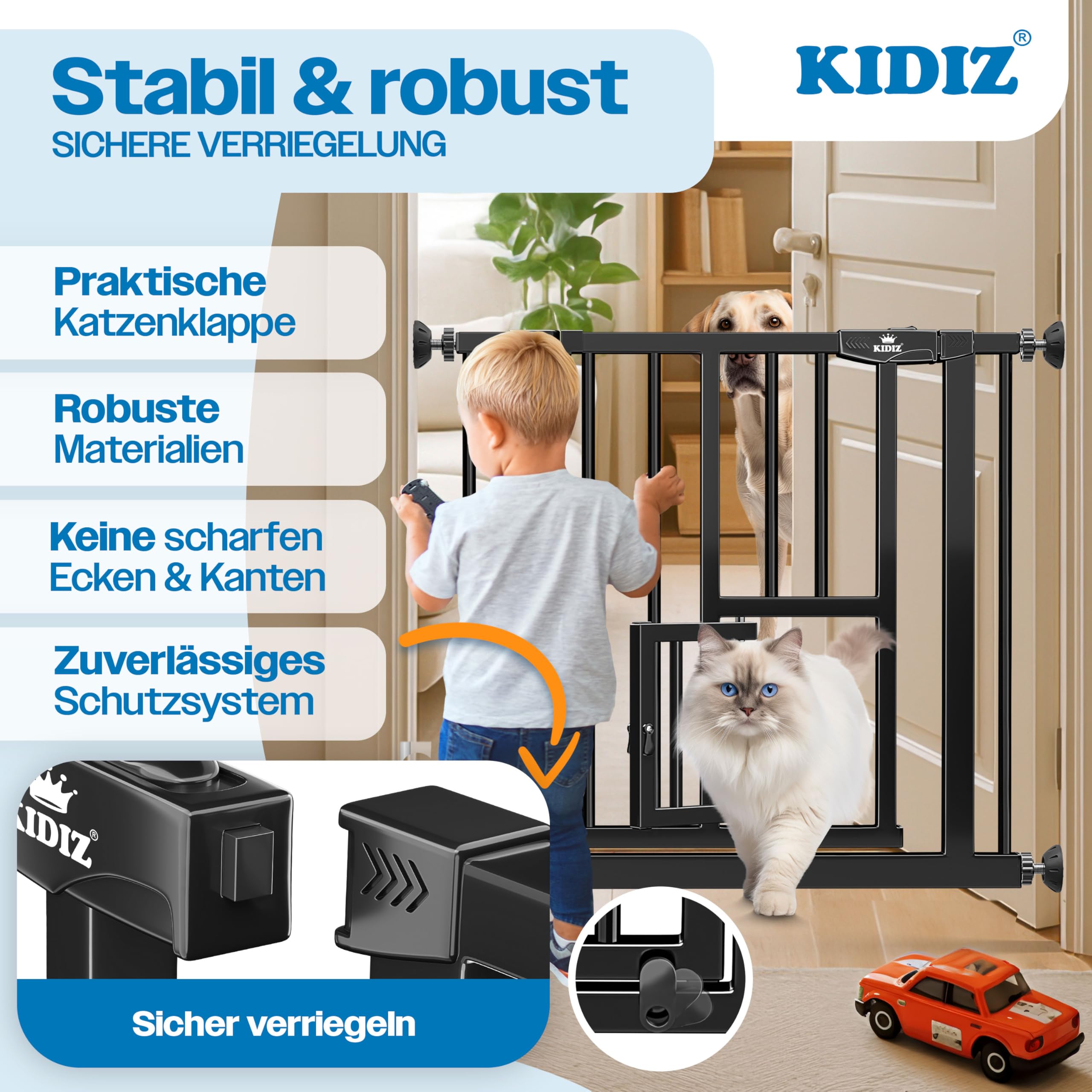 KIDIZ Absperrgitter zum Klemmen mit Katzenklappe, Autoclose, Treppengitter ohne Bohren, 90° Stopp, schwenkbar, Schwarz, 74-80 cm