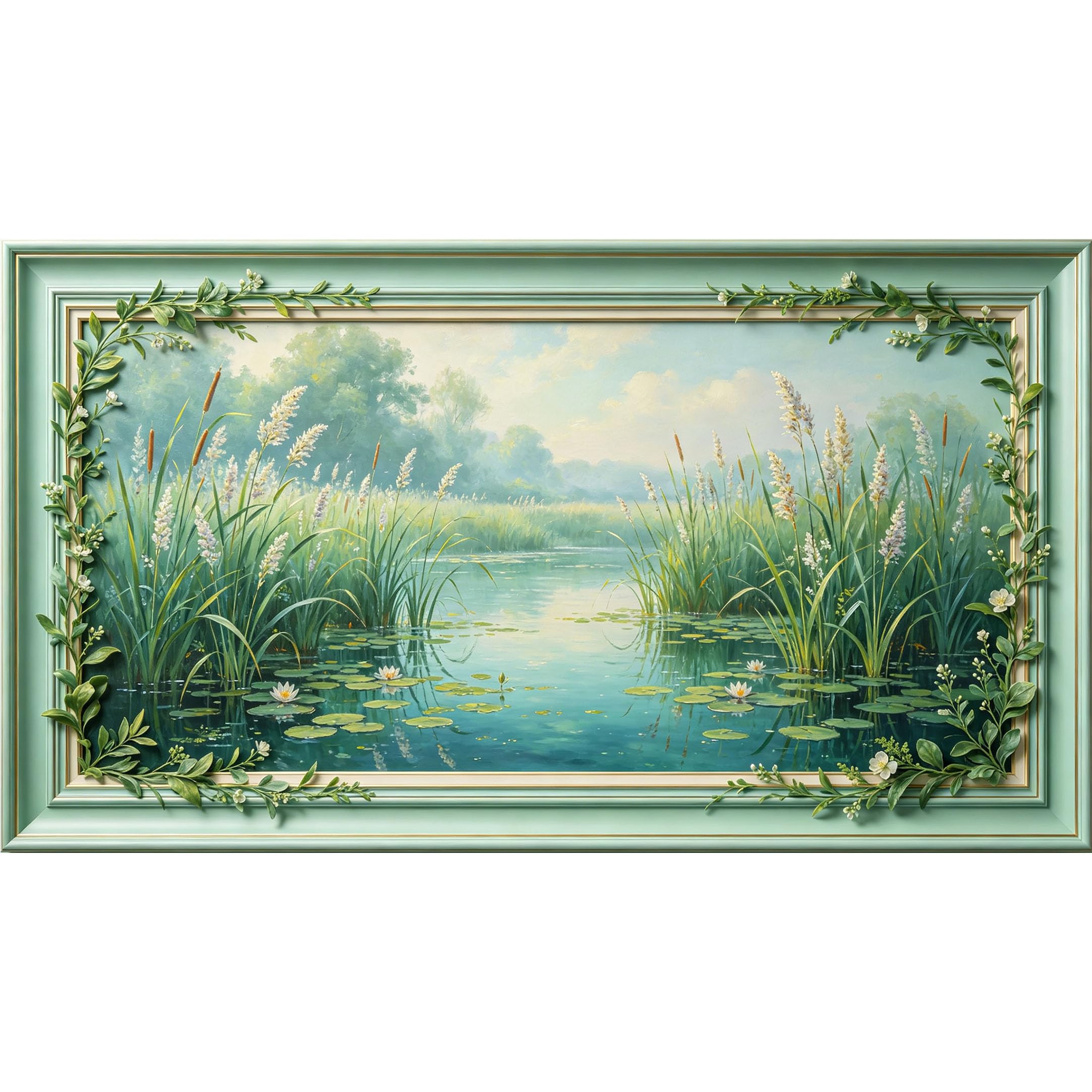 QZLITHOTIC 50x90cm3D Framed Wall Art， Tranquil Pond Water Lily Botanical Landscape Self‑Adhesive Mural， Water‑Activated Peel & Stick Fabric Decor Wall Decal for Bedroom Living Room