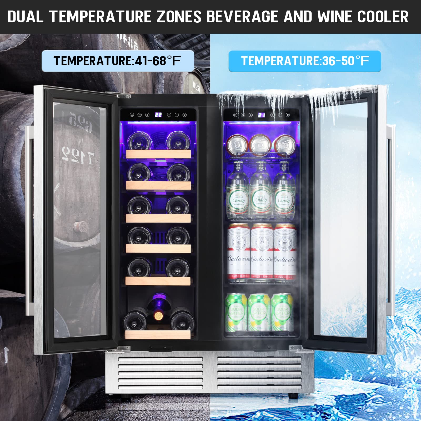 Antarctic Star Wine and Beverage Refrigerator, 24 Inch Dual Zone Wine Cooler with Glass Door, Built in or Under Counter Wine Fridge with Blue LED Light,18 Bottles and 66 Cans Capacity Beverage Cooler