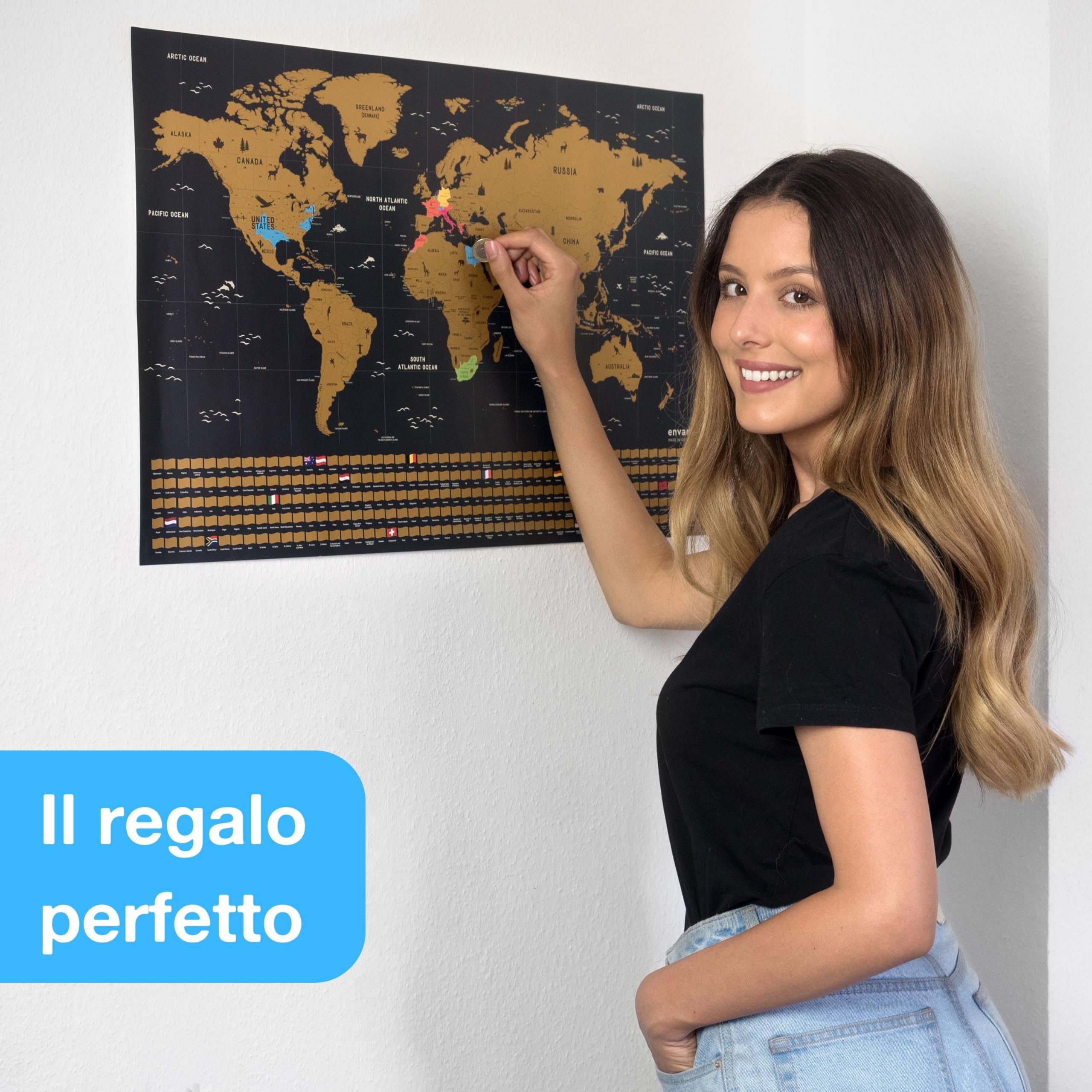 Mappa del Mondo da Grattare 68x43 cm con Bandiere Oro Inglese