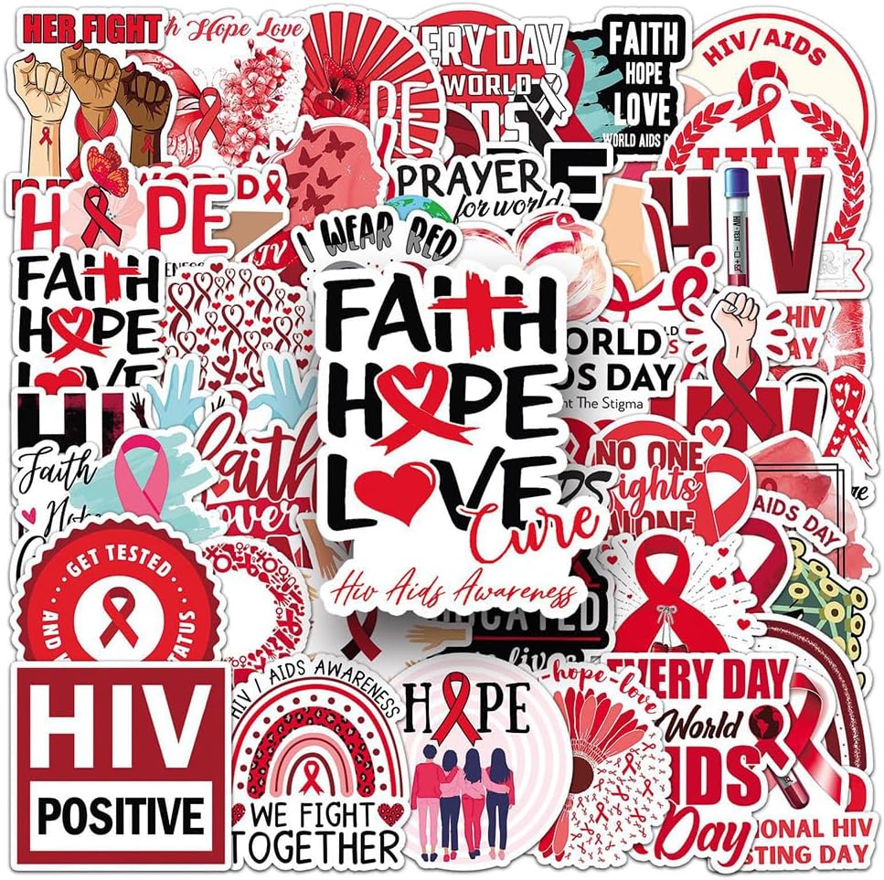World AIDS Day Stickers |50Pcs HIV AIDS Awareness Waterproof Vinyl Decals for Water Bottles Laptop Luggage Cup Computer Mobile Phone Skateboard Guitar Helmet Snowboard