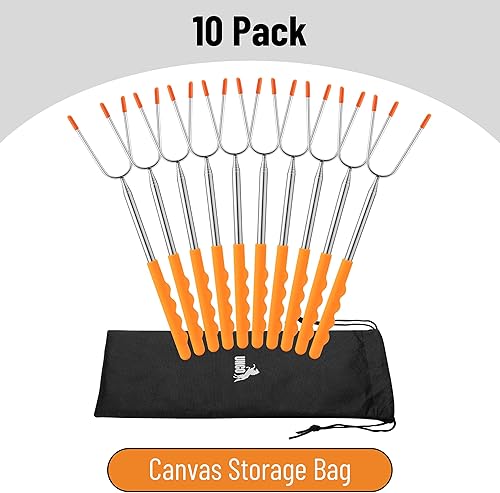 Miniatura 2 de UNCO Palitos para asar malvaviscos, paquete de 10, palos extensibles de acero inoxidable de 45 pulgadas para hogueras y hogueras para malvaviscos y