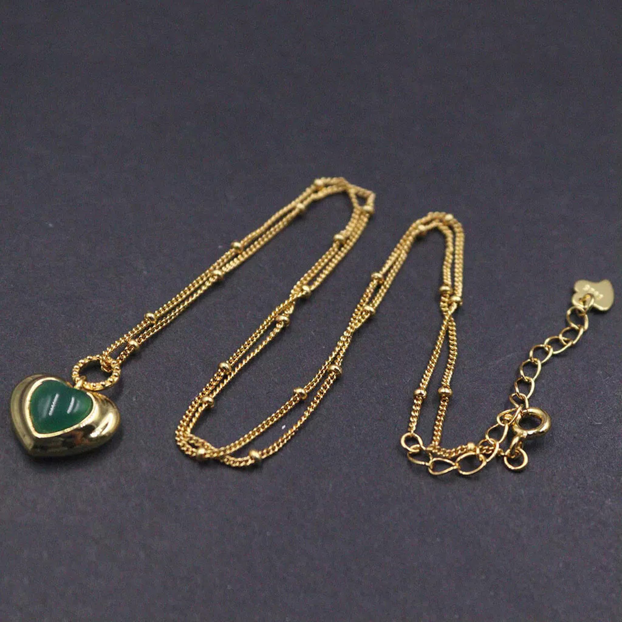 Collier en Argent véritable S925 avec Pendentif en Forme de cœur en Agate Verte