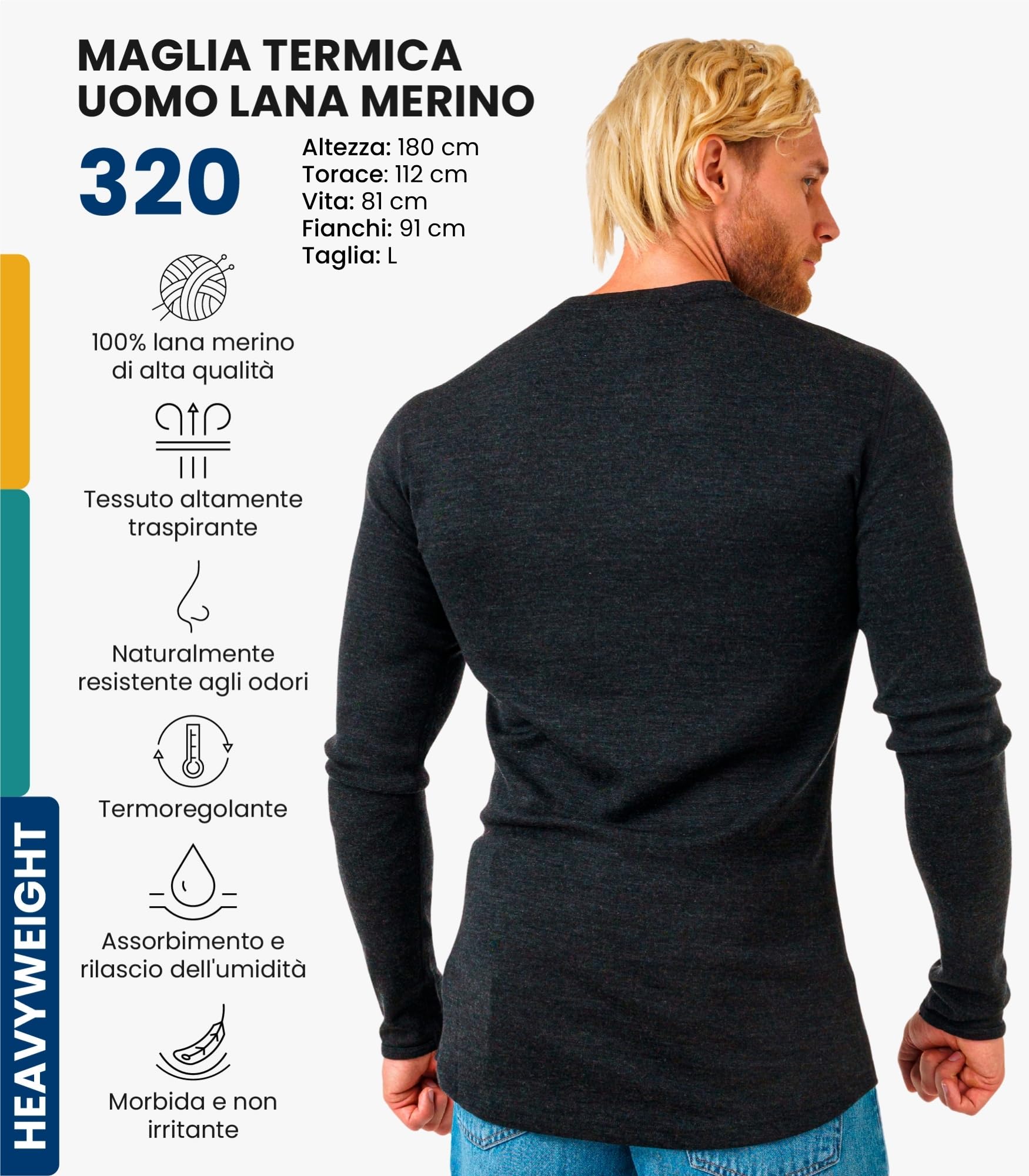 Merino.tech Maglia Termica Lana Merino Uomo - 100% Intimo Termico Lana Merino Uomo Leggero, Medio, Pesante con Calzini - 2