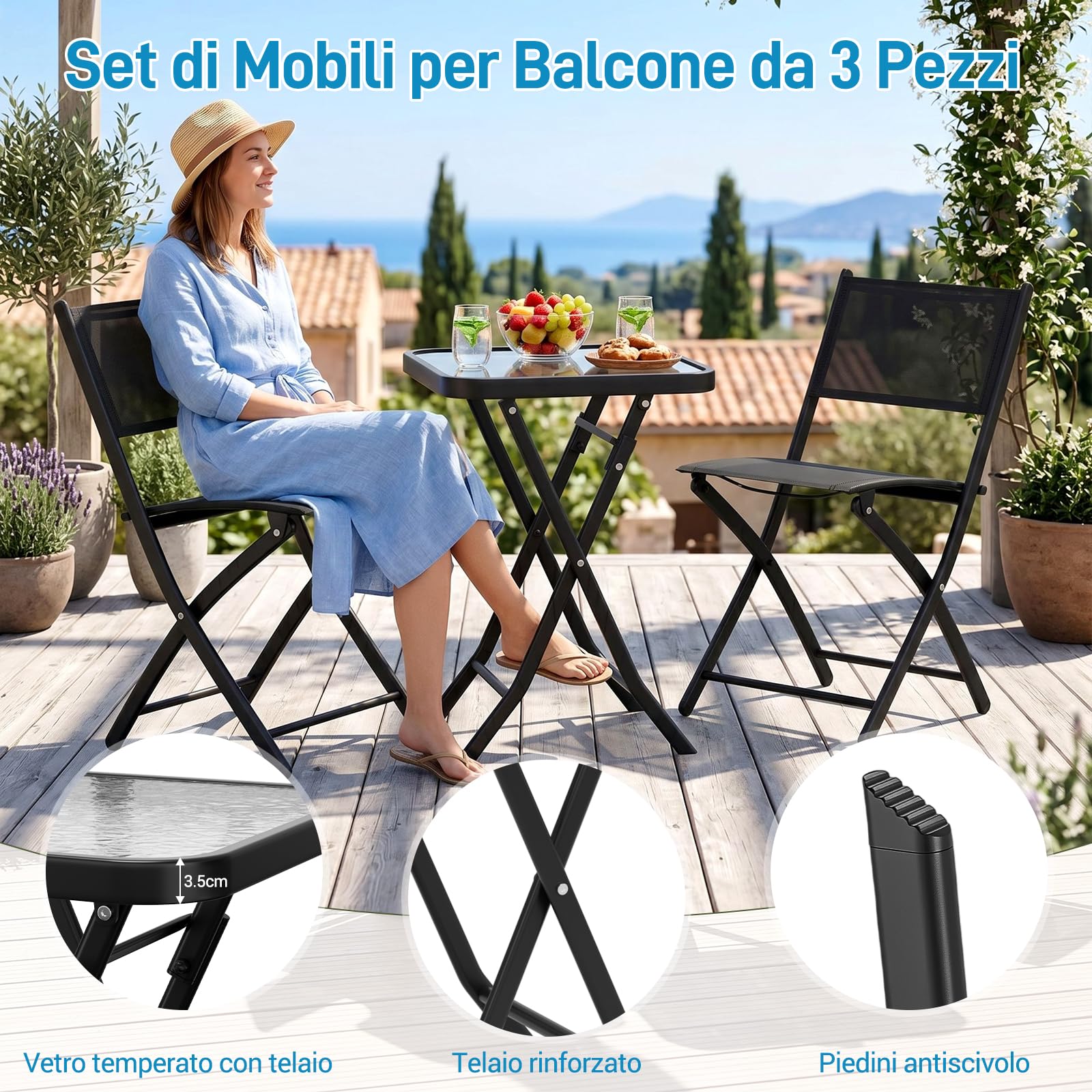LIFERUN Set da Bistrot 3 Pezzi, Set Mobili Pieghevoli Include 1 Tavolo e 2 Sedie, Resistente alle Intemperie e Traspirante, per Piccoli Balconi e Giardini, Nero