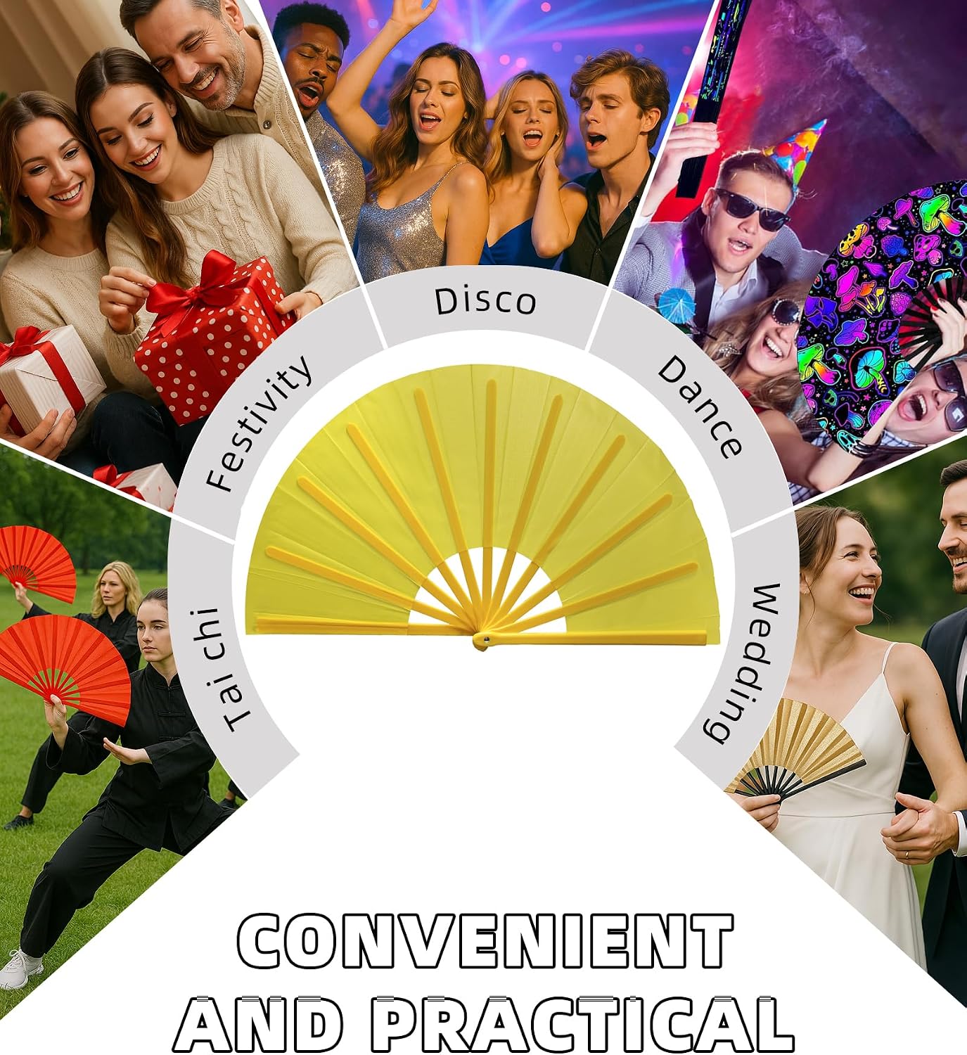 13IN Yellow Large Popping Hand Fan for Line Dancing Clacking Premium Silk Boots On The Ground Hand Fan Chinese Rave Fan for Women Dancer Drag Queen Anyone in Pride Month Party Beach EDM