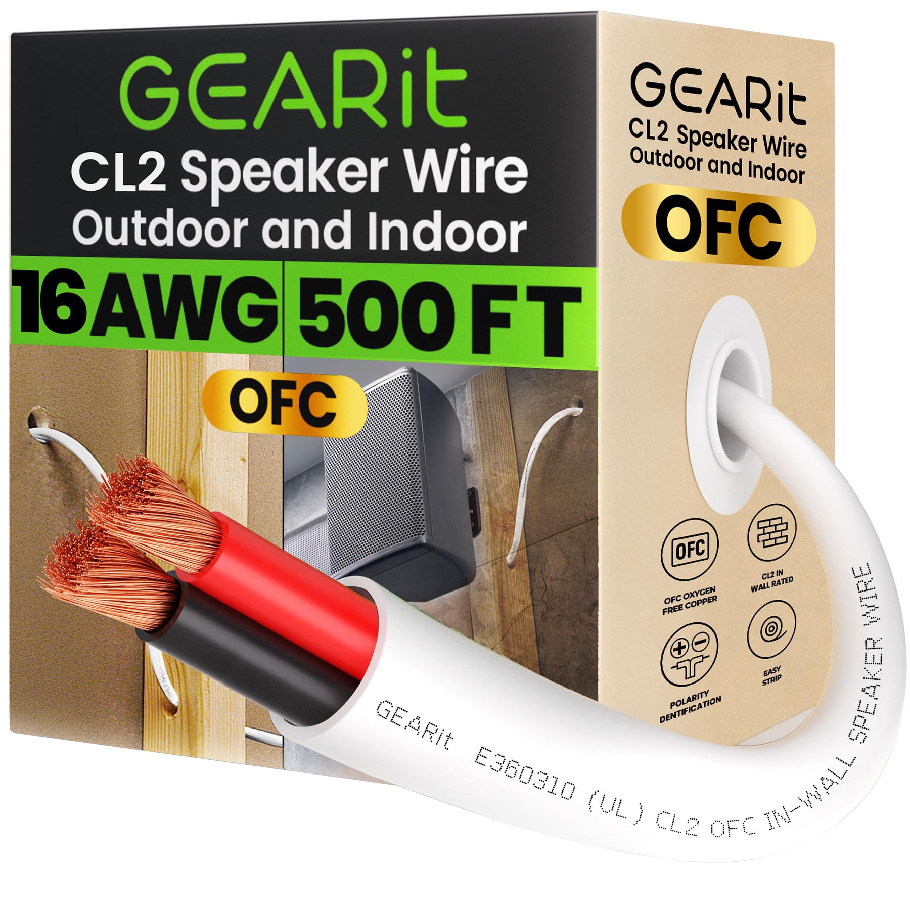 GearIT Cable de altavoz OFC de 2 x 1,5 mm ≤ (152,4 metros - blanco) cobre sin oxígeno - Cable de audio de alta fidelidad para pared/clasificación CL2 / 2 conductores - calibre 16 AWG, 500 pies