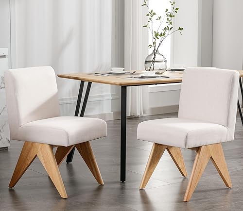 Miniatura 4 de VESCASA Sillas de comedor tapizadas con patas de madera natural en forma de V invertidas, sillas de comedor acolchadas modernas de lino con respaldo