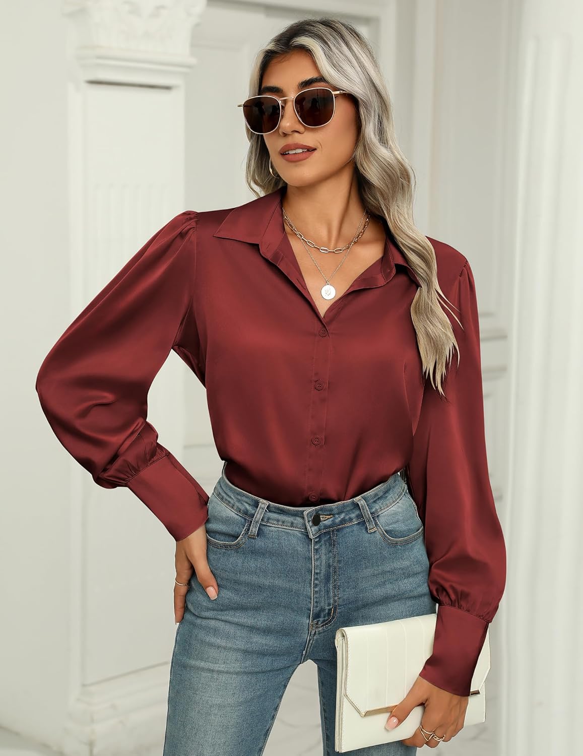 Zeagoo Womens Satin Blouse Lantern Long Sleeve Silk Button Down Shirt Dressy Casual Business Work Tunic Tops - Image 2