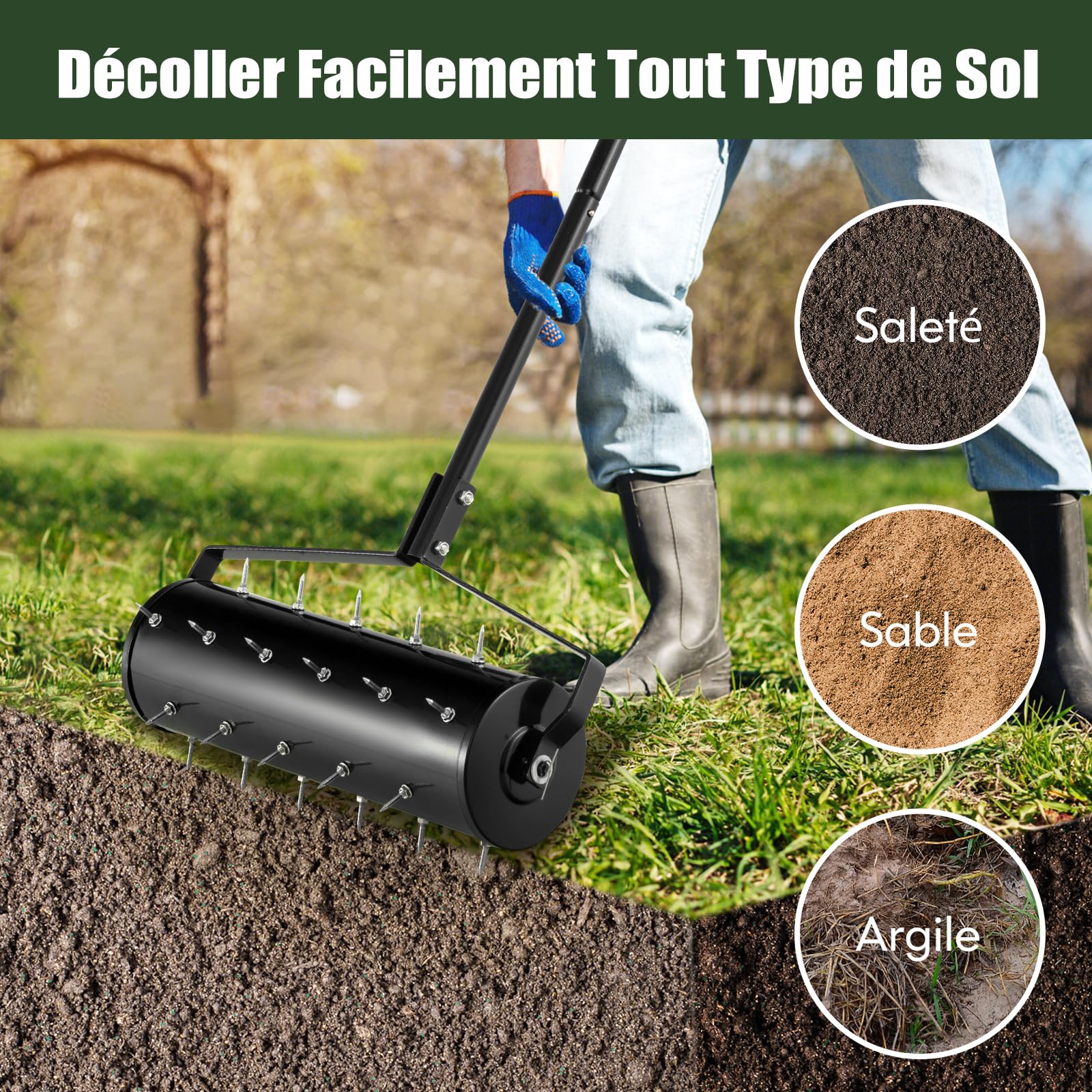 RELAX4LIFE Scarificateur Gazon Manuel 53CM avec Poignée &Rouleau à Pointes Rotatives, Rouleau Aérateur Gazon de Pelouse en Métal pour Jardin Cour Patio (6.8L | 53x130CM, Noir)