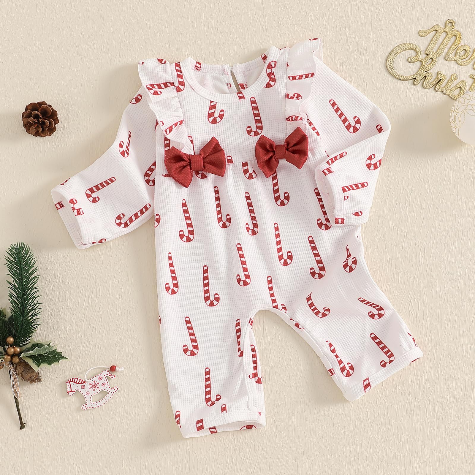 Newborn Baby Girl Christmas Outfit Waffle Knit Santa Candy Jumpsuit Romper Ruffle Bodysuit Long Overalls with Bow (Red White, 3-6 Months)